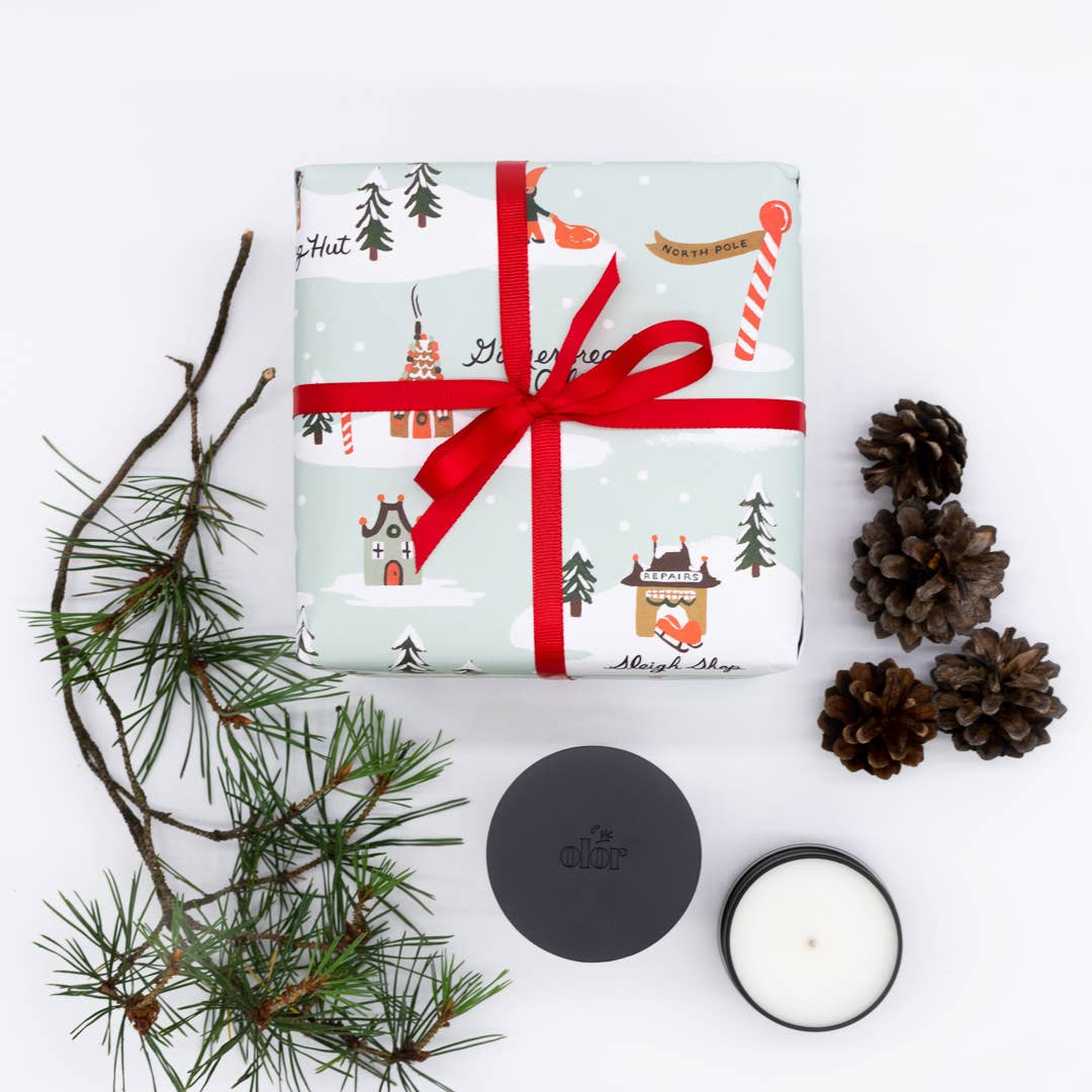 Gift wrapped in festive paper with a red ribbon, surrounded by pine branches and pinecones on a white background.