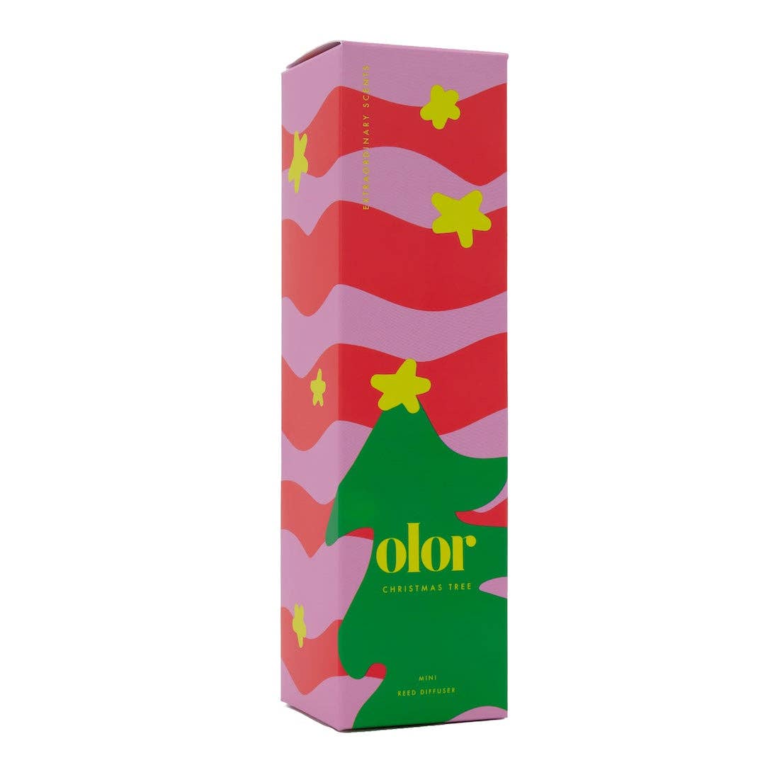 Colourful packaging box with wavy patterns and stars, featuring the brand 'olor'.