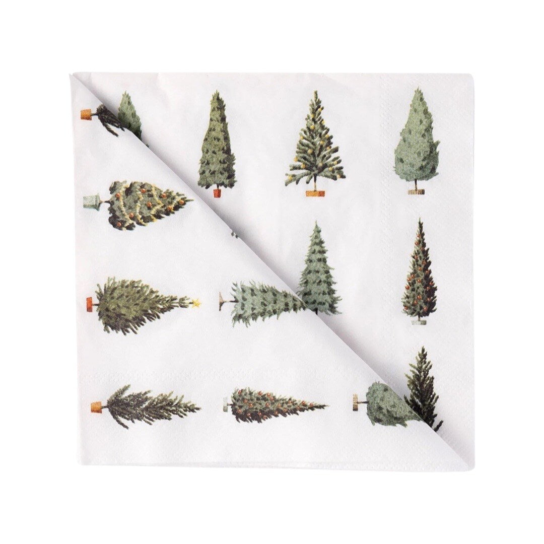 Folded paper napkin featuring nine differently decorated festive trees in a repeat pattern.