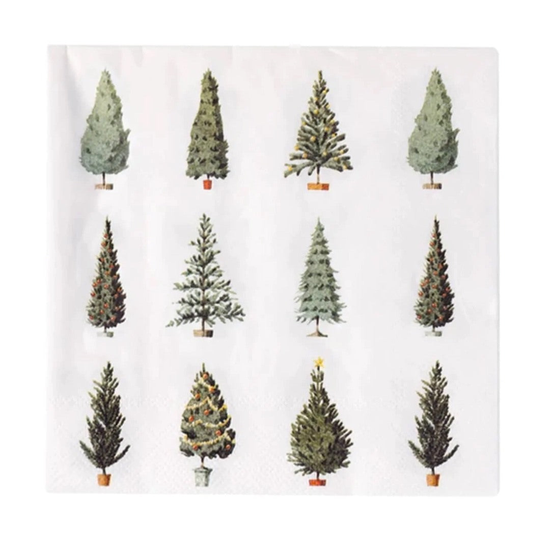 Paper napkin featuring nine differently decorated festive trees in a repeat pattern.