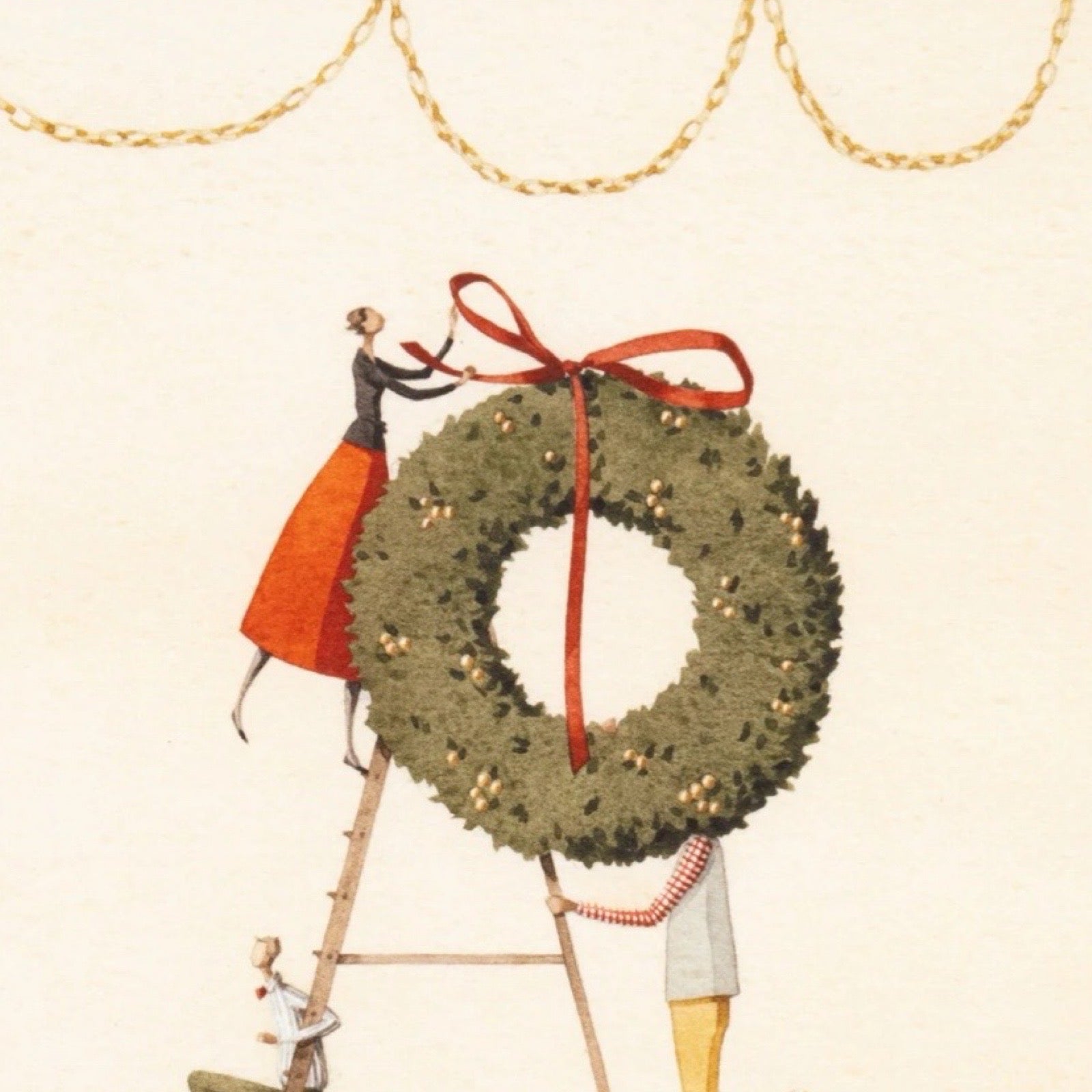 Greeting card with a Christmas wreath and decorative elements on a white background.