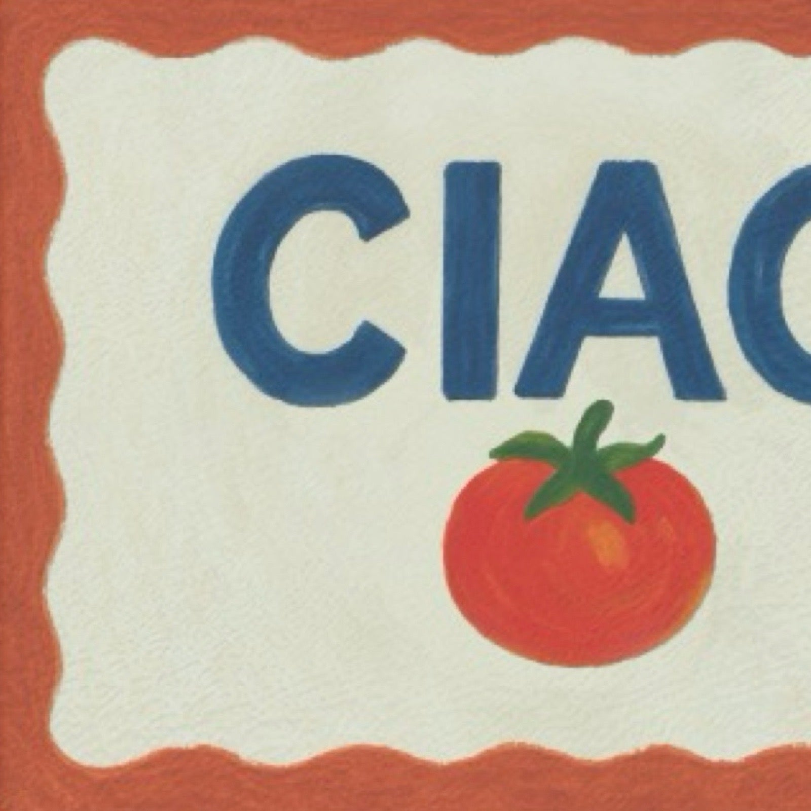 A rectangular chopping board with a red border, an off-white centre, the word 'CIAO' in large blue letters, and a red tomato with green leaves below. The item is shown on a plain white background.