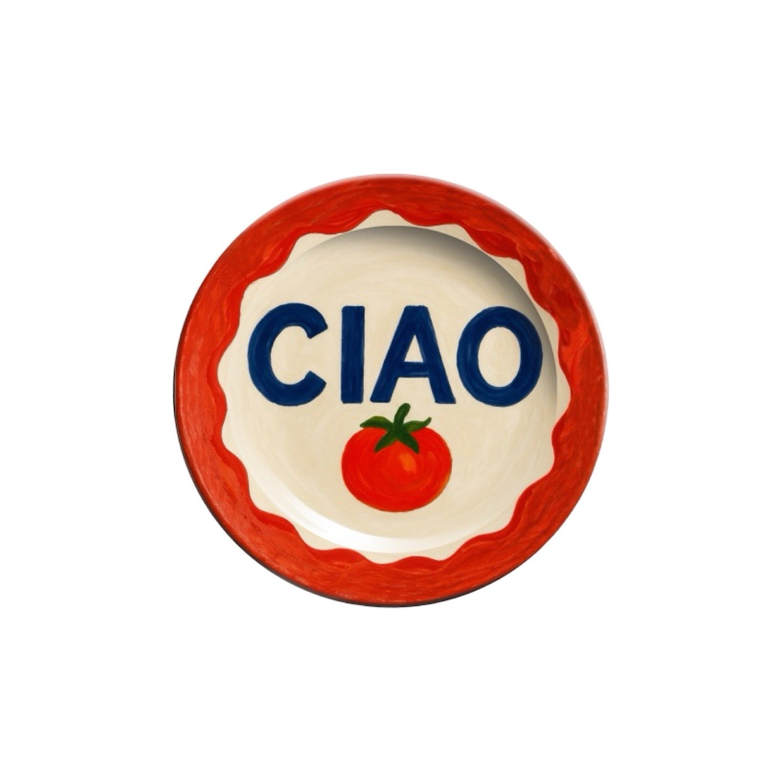 Round ceramic plate with 'CIAO' text and tomato illustration on a white background.