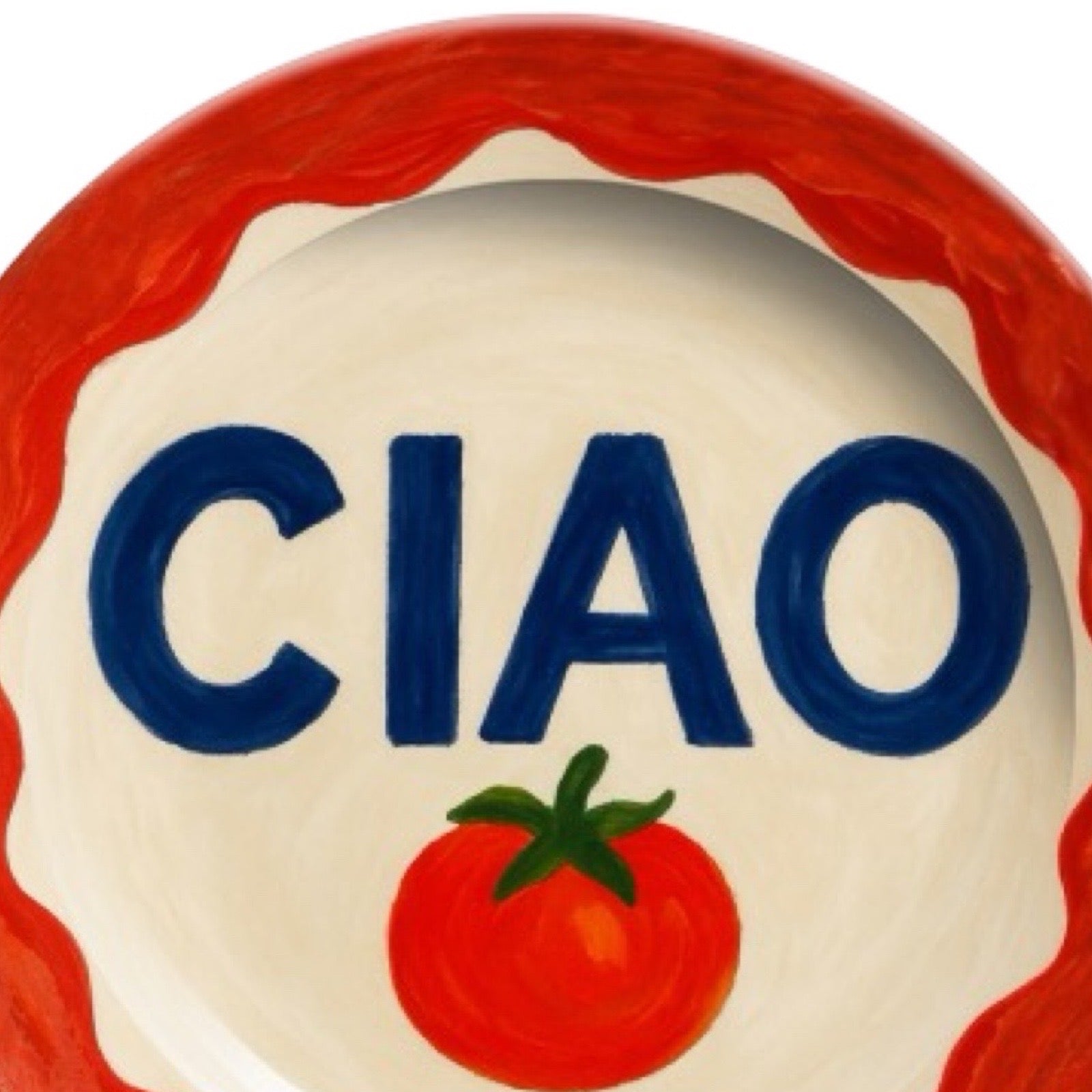 Decorative plate with 'CIAO' text and tomato illustration on a white background.