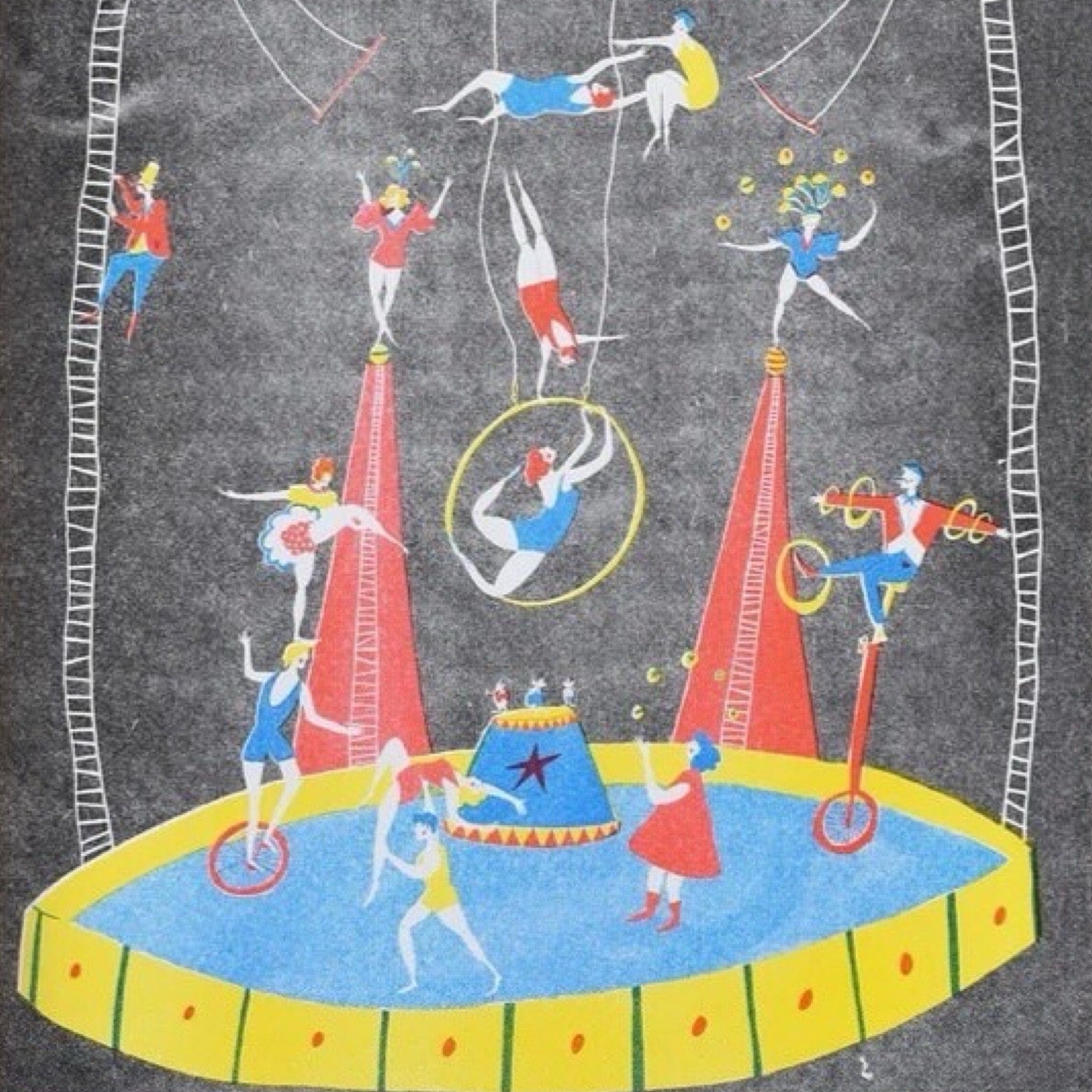 This print features a host of circus acrobats performing in a big top, the acrobats are dressed in red, blue or yellow costumes against a black background.