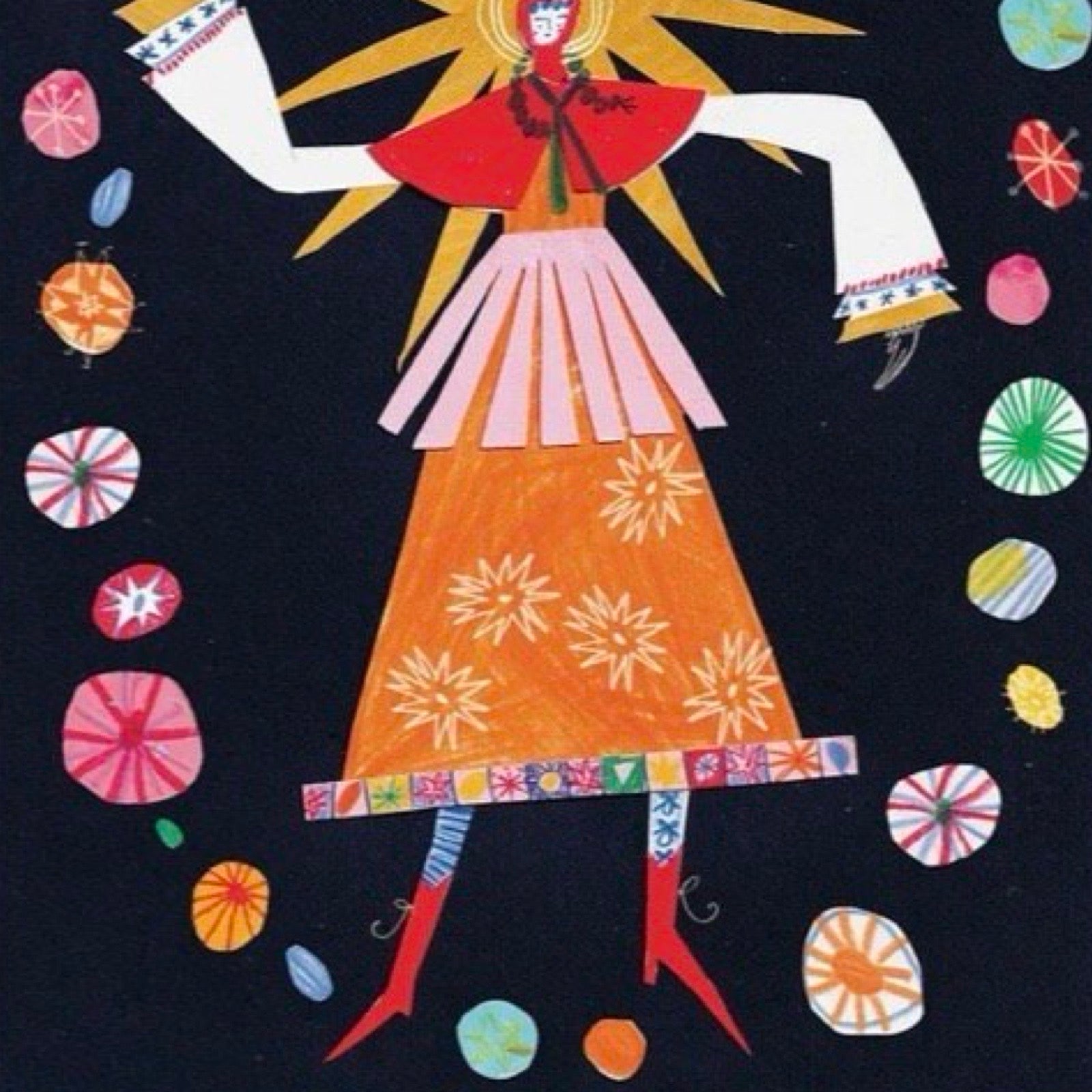 This print features a host of circus acrobats performing in a big top, the acrobats are dressed in red, blue or yellow costumes against a black background.