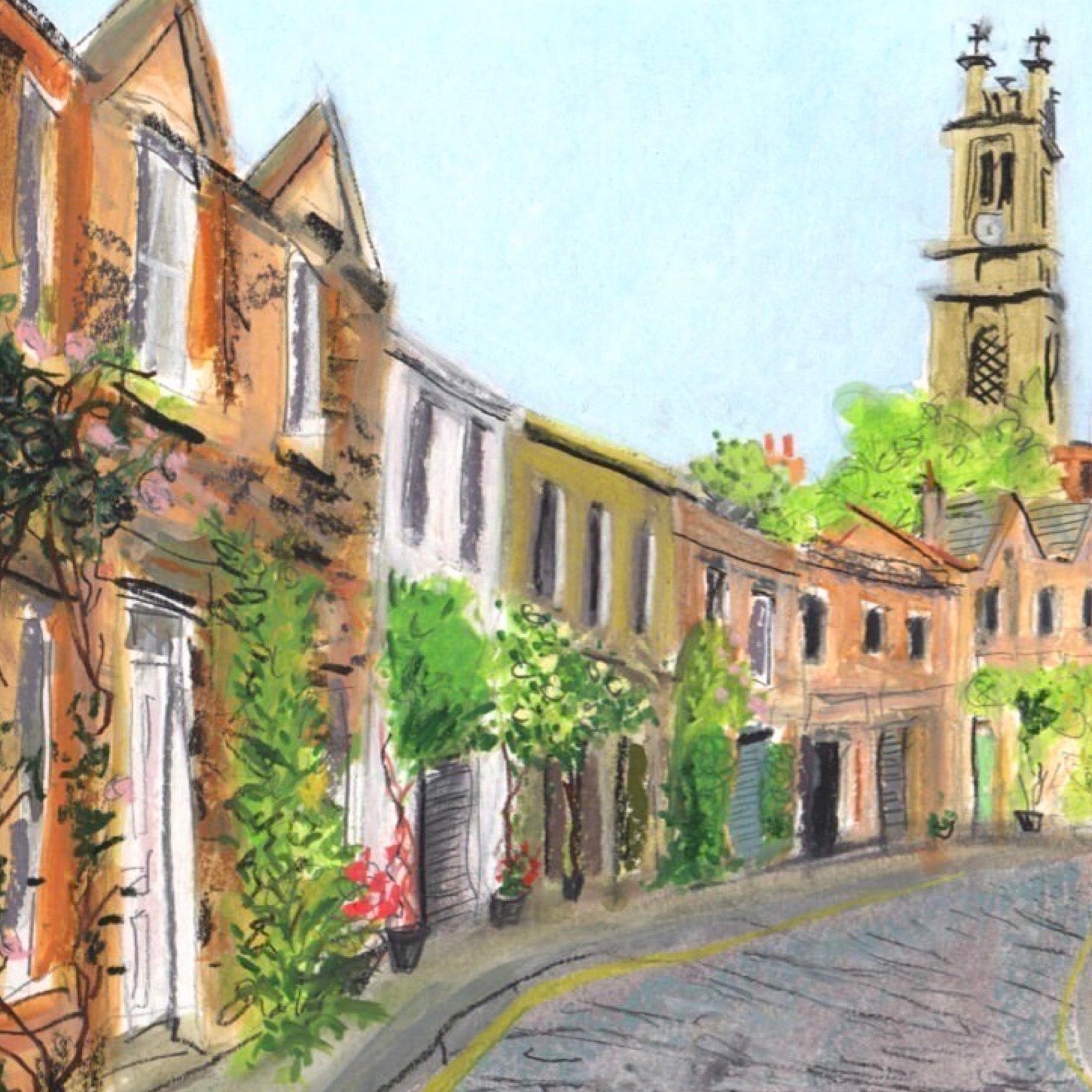 Painting of a Circus Lane with buildings and a clock tower.