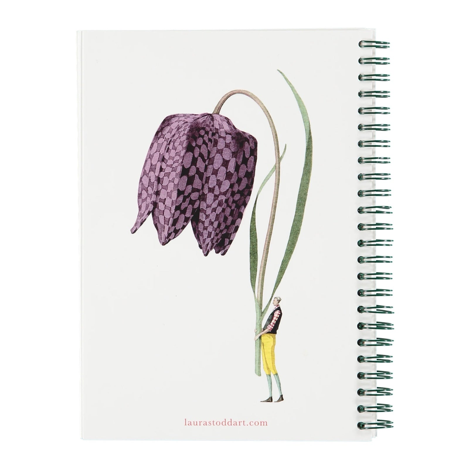 A slim notebook featuring an illustration of a man holding a giant purple Fritillary flower.