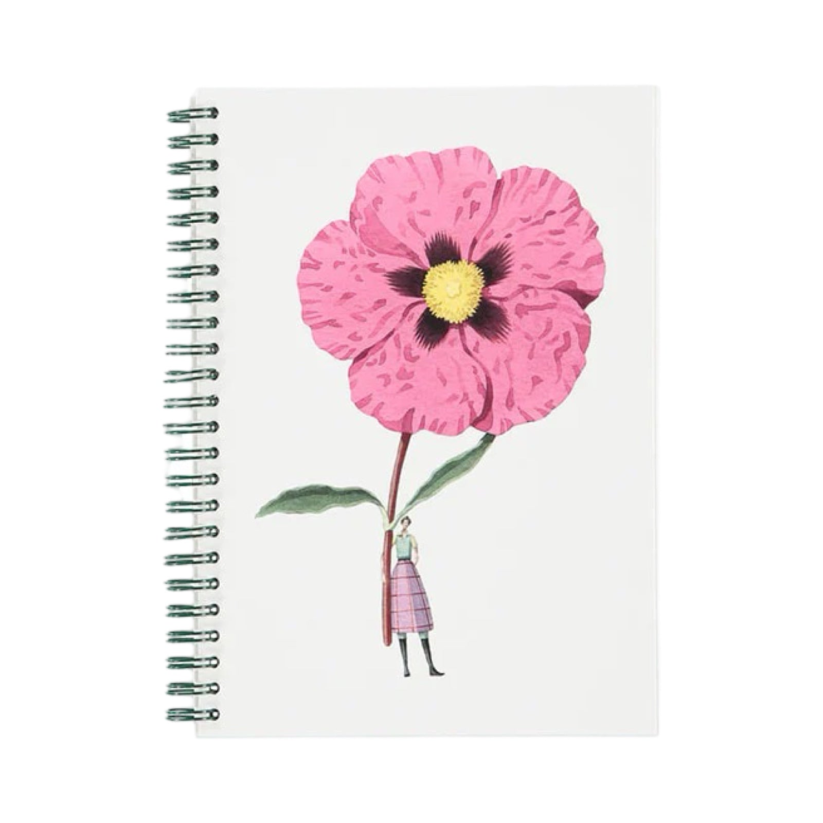 A slim notebook featuring an illustration of a lady holding a giant Cysts flower on the front.