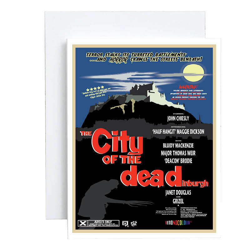 Edinburgh card featuring a movie poster design with an illustration of Edinburgh Castle and the text 'City of Deadinburgh'