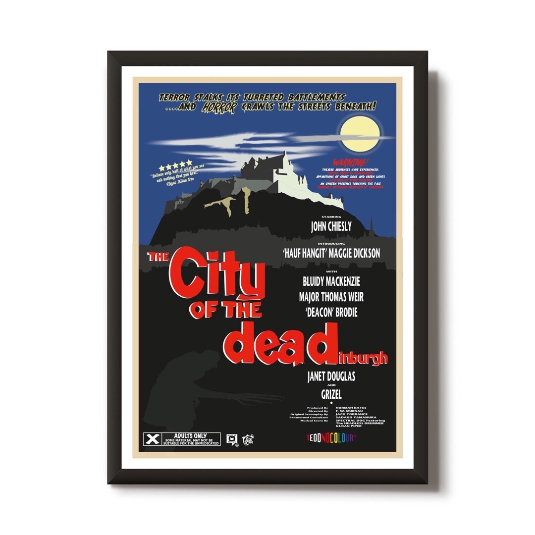 This print features a movie poster design with an illustration of Edinburgh Castle