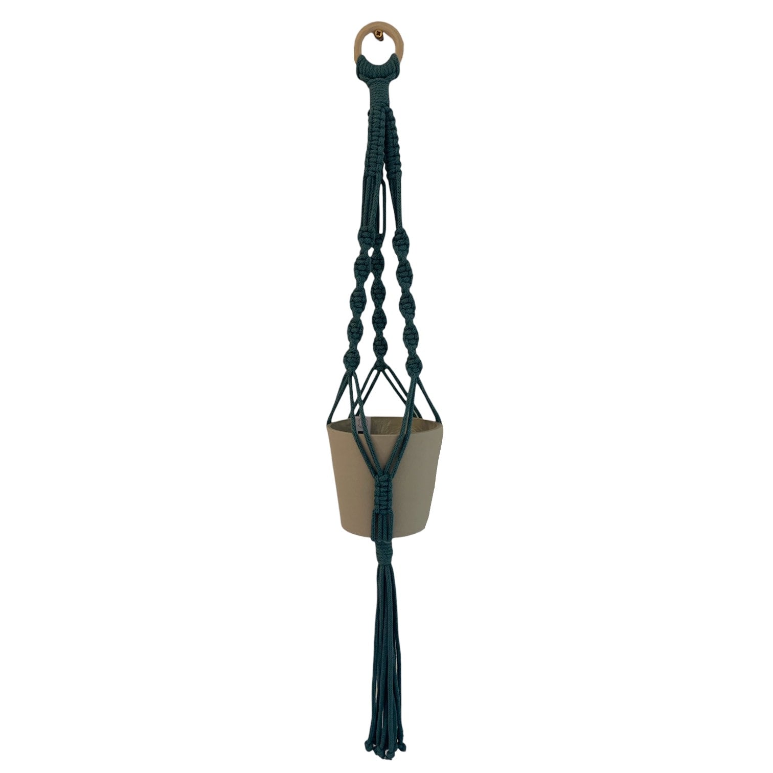 Handmade classic macrame plant hanger in recycled cotton and supplied with an Ecopot.