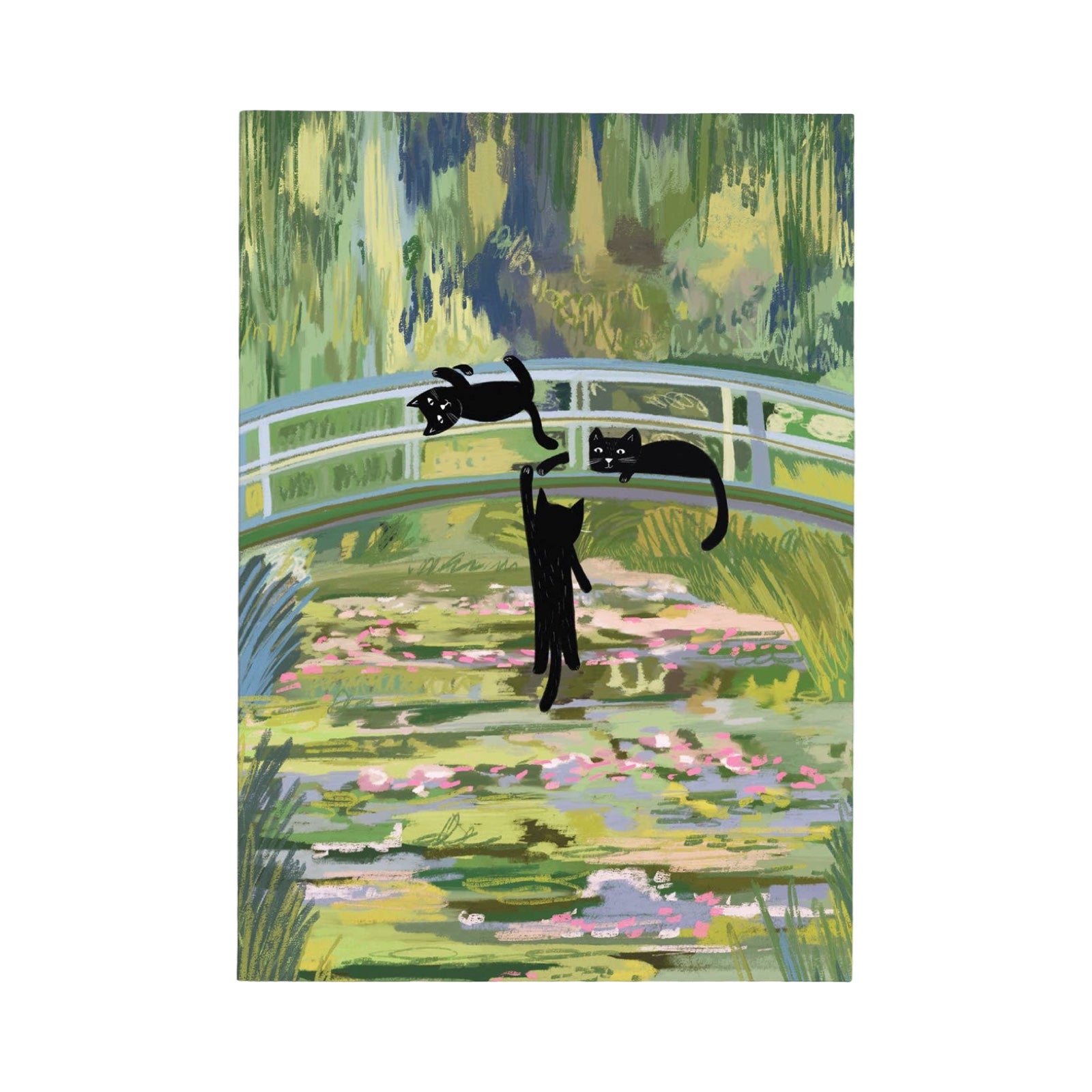Cat card featuring an illustration of three cats playing on a bridge above a lily pond, based on the Claude Monet painting 'Bridge over a Pond of Water Lilies'.