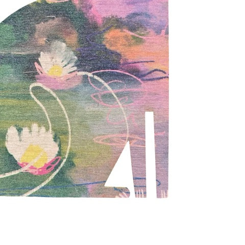 Cat-shaped wooden decoration featuring an illustration of a lily pond inspired by Claude Monet.