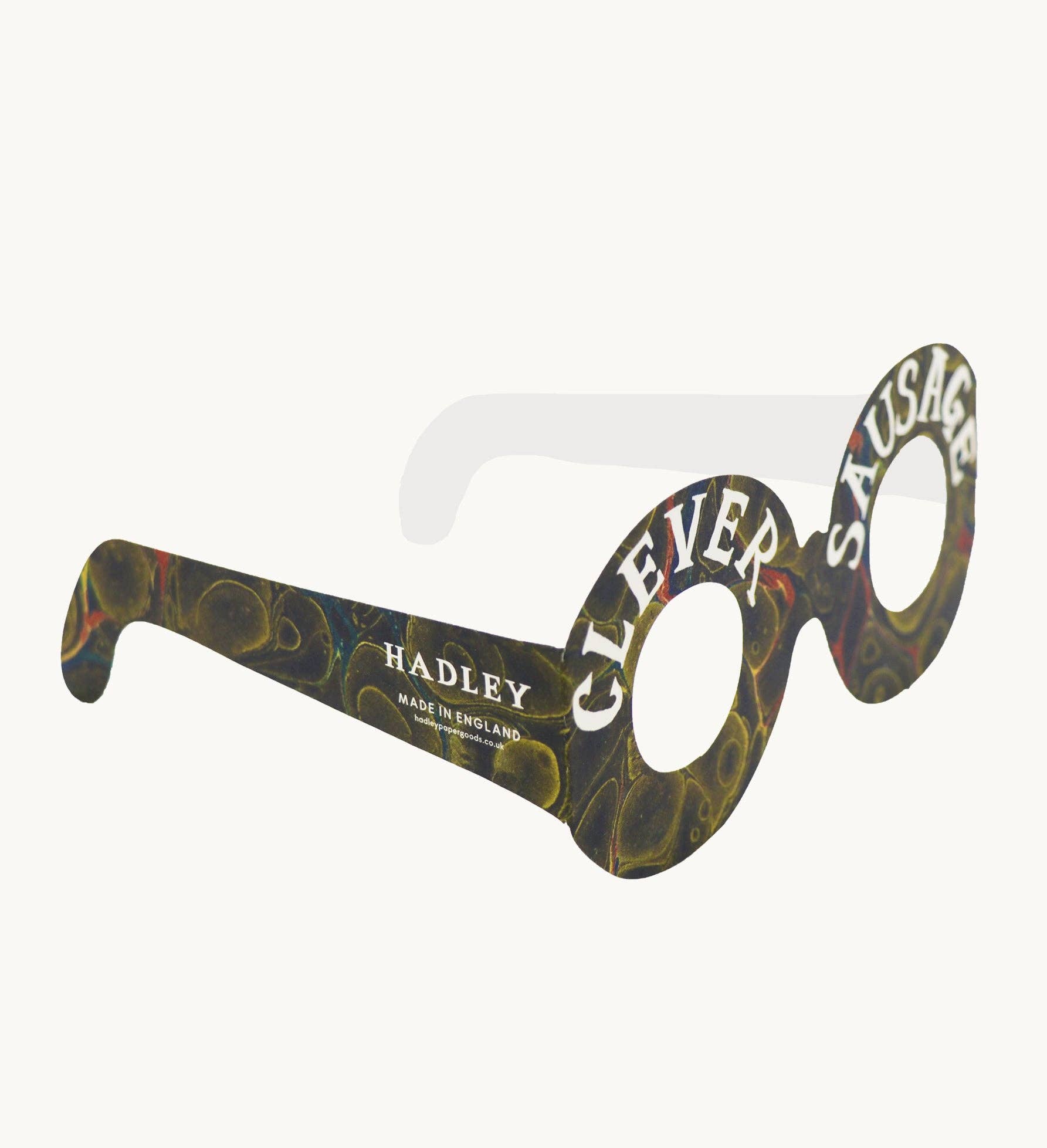 Novelty eyeglasses with 'Clever Sausage' and 'Hadley' branding on a white background.