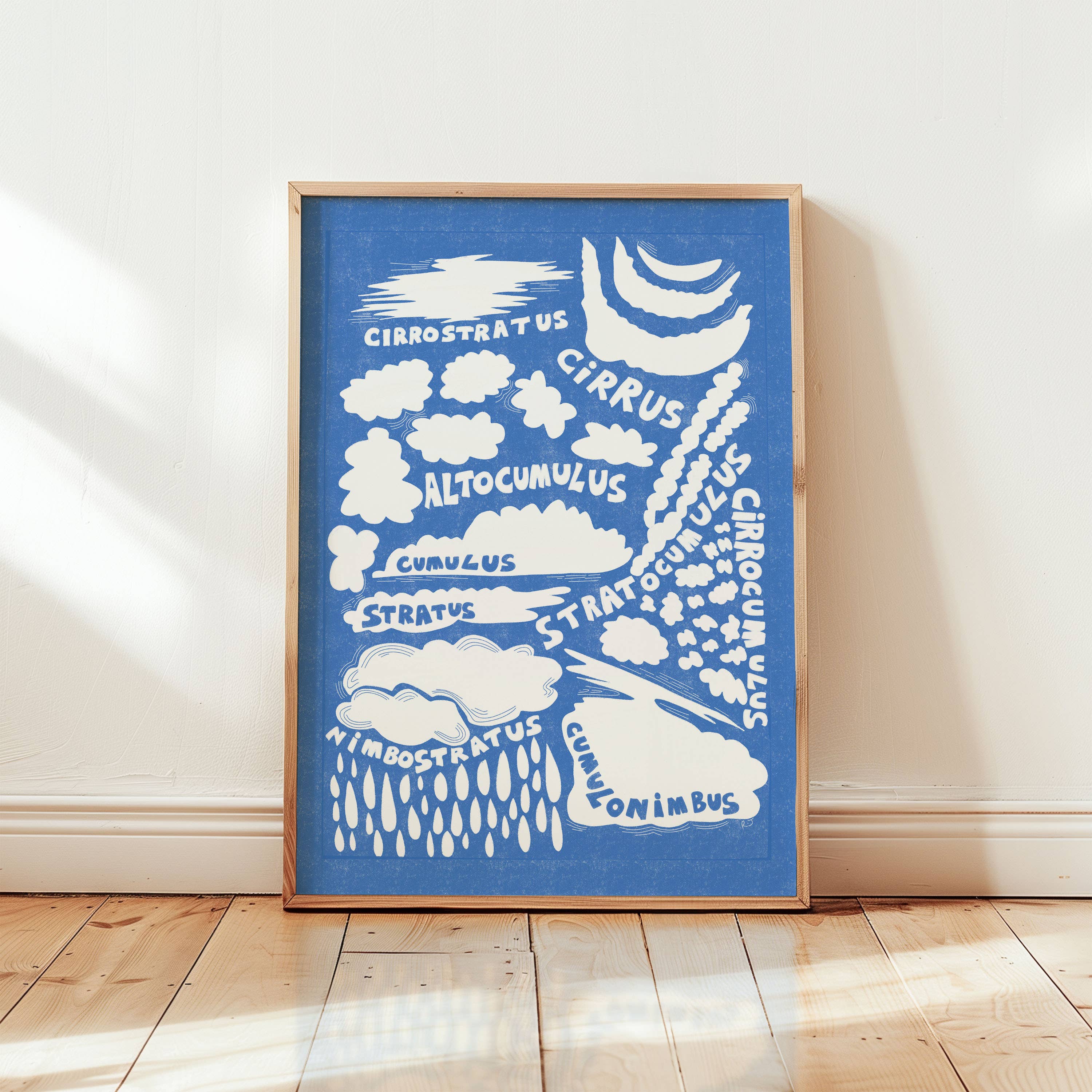 A framed art print featuring white cloud and weather term illustrations on a blue background, leaning against a white wall on a light wood floor.