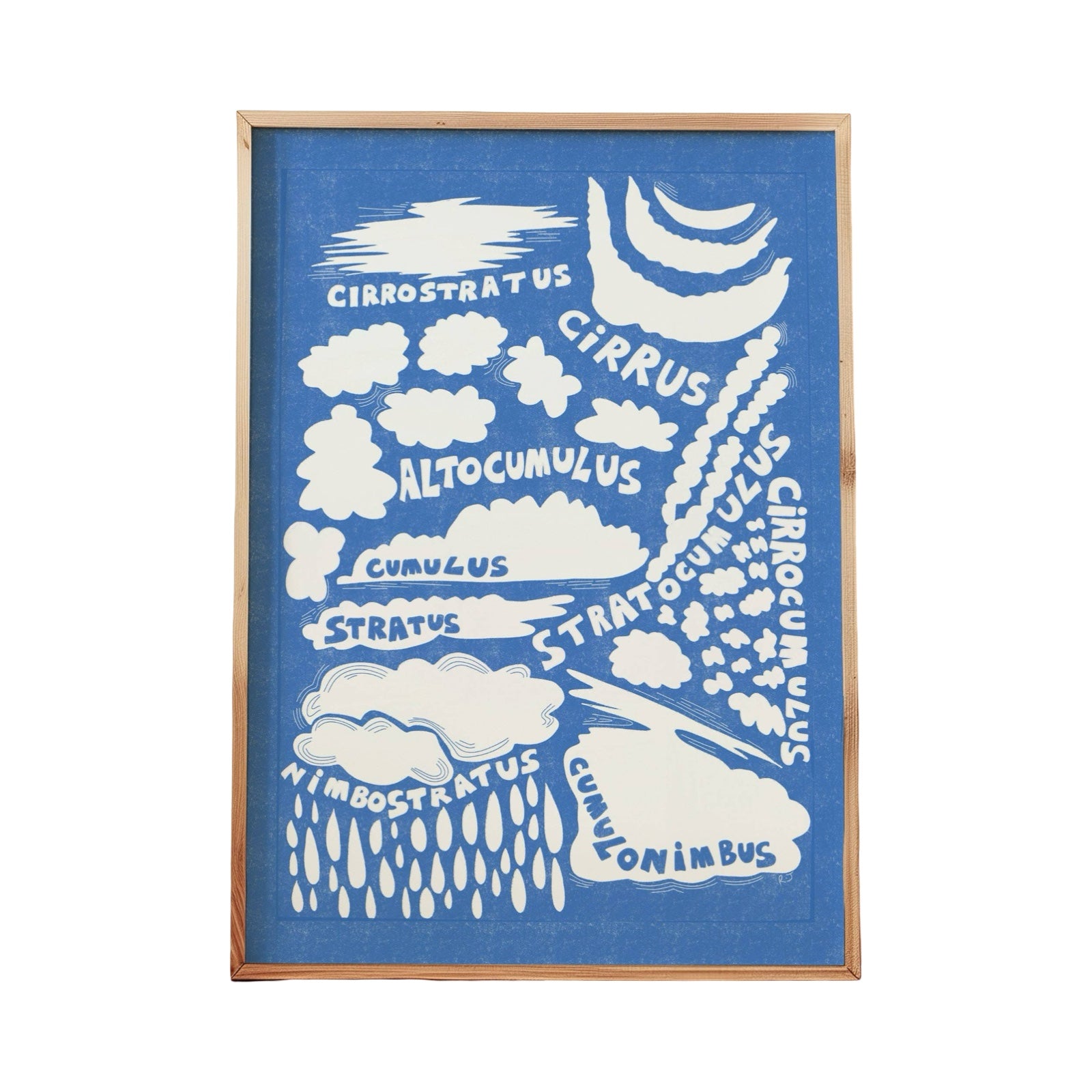 A framed educational art print featuring white clouds and raindrops on a blue background, with Latin terms for cloud types. The print is enclosed in a light wood frame and shown against a plain white background.