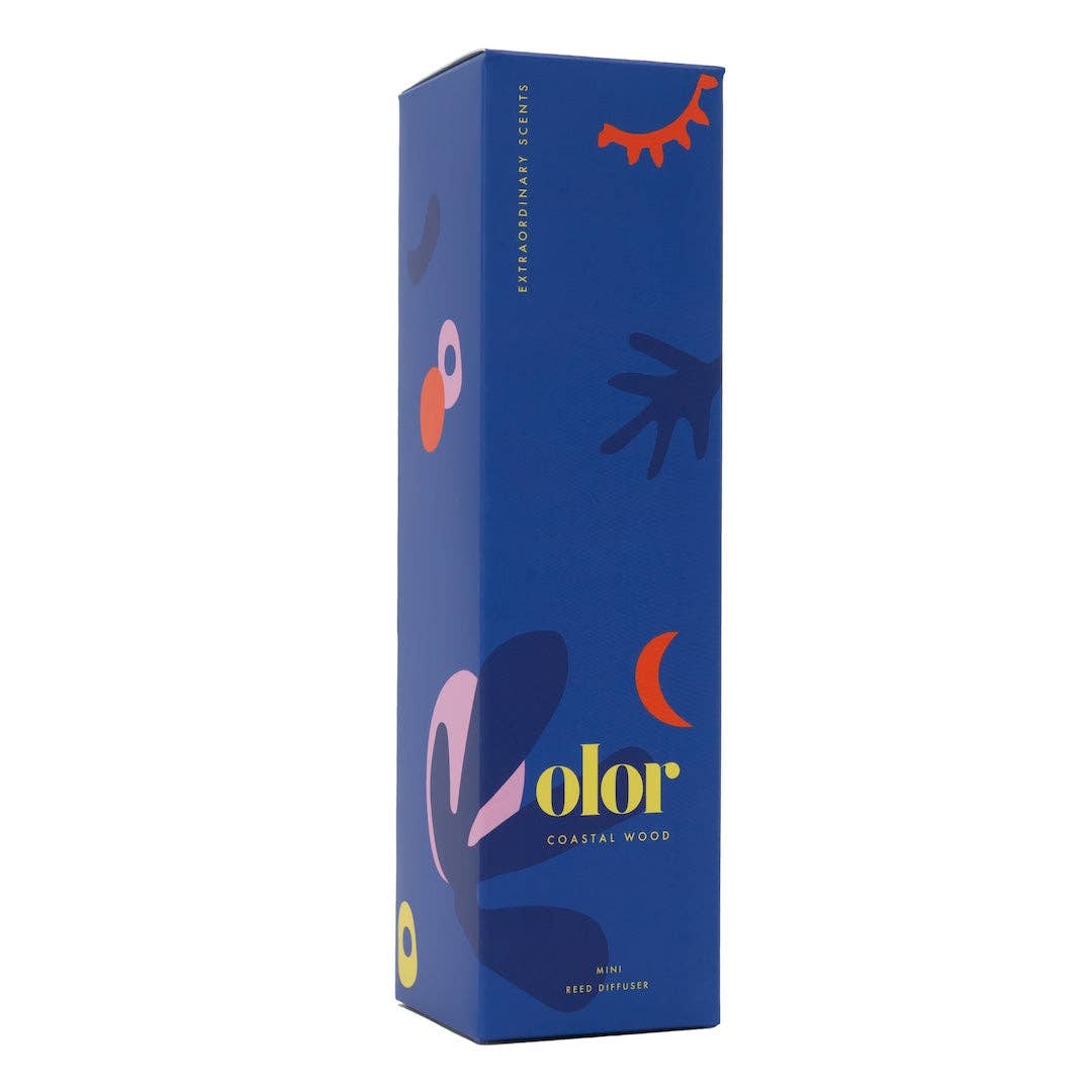 Blue box with colorful designs and 'olor' branding on a white background