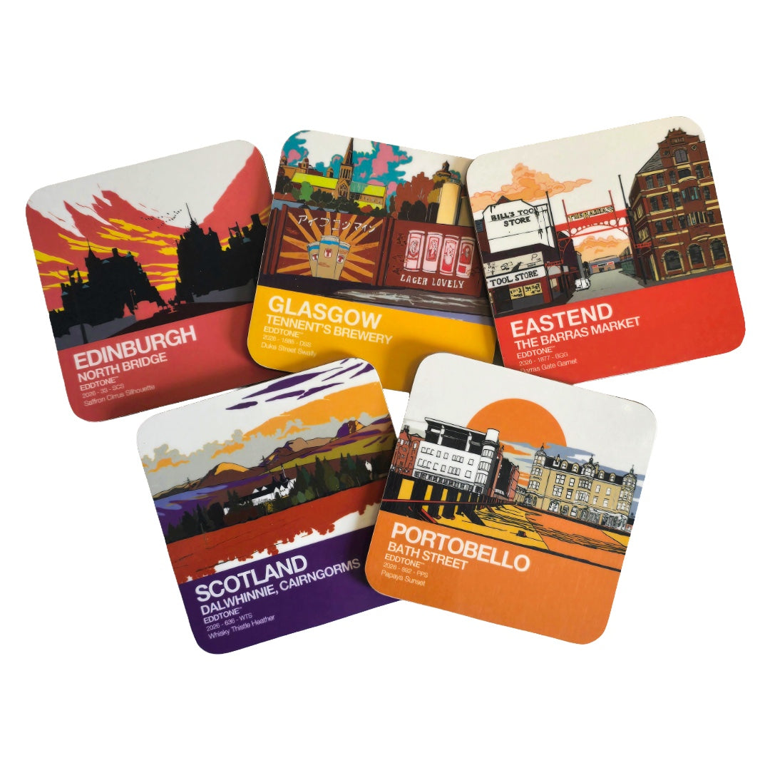 a selection of eddscape coasters, 10x10cm, cork backed