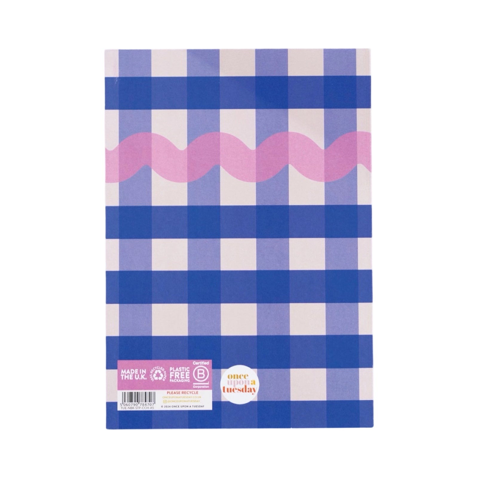 Back of colbalt checkered notebook.