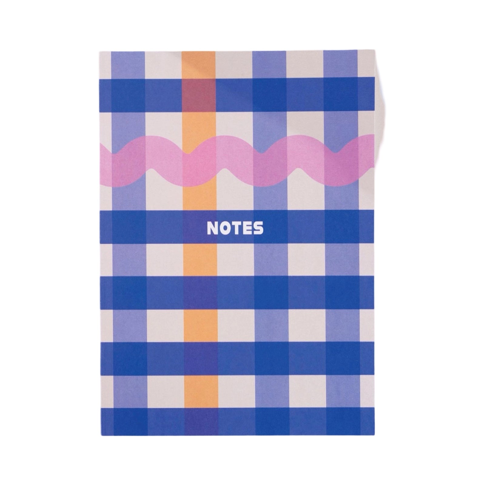 Cobalt checkered notebook with a pink zig zag and orange line.