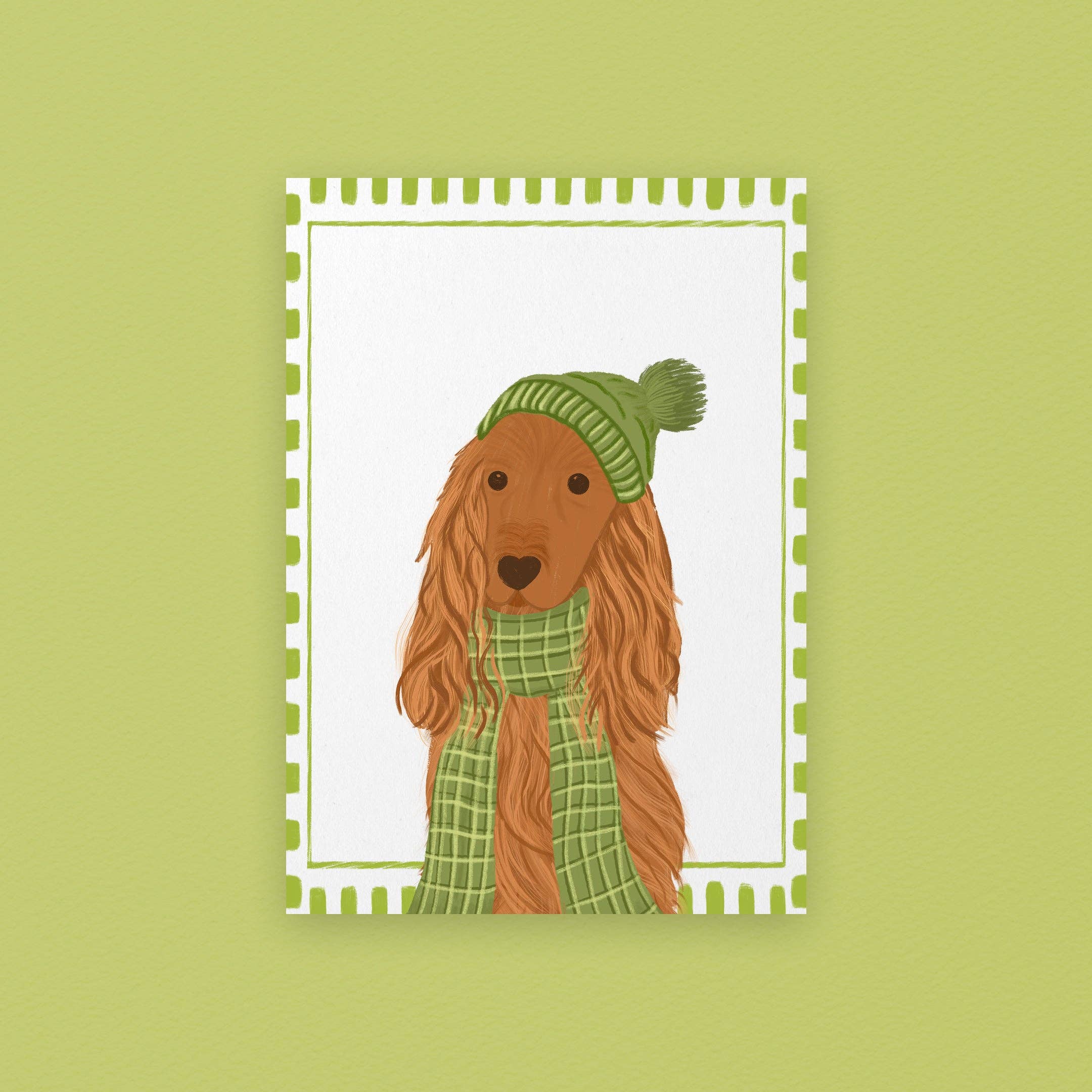 Illustration of a dog wearing a green hat and scarf on a light green background.