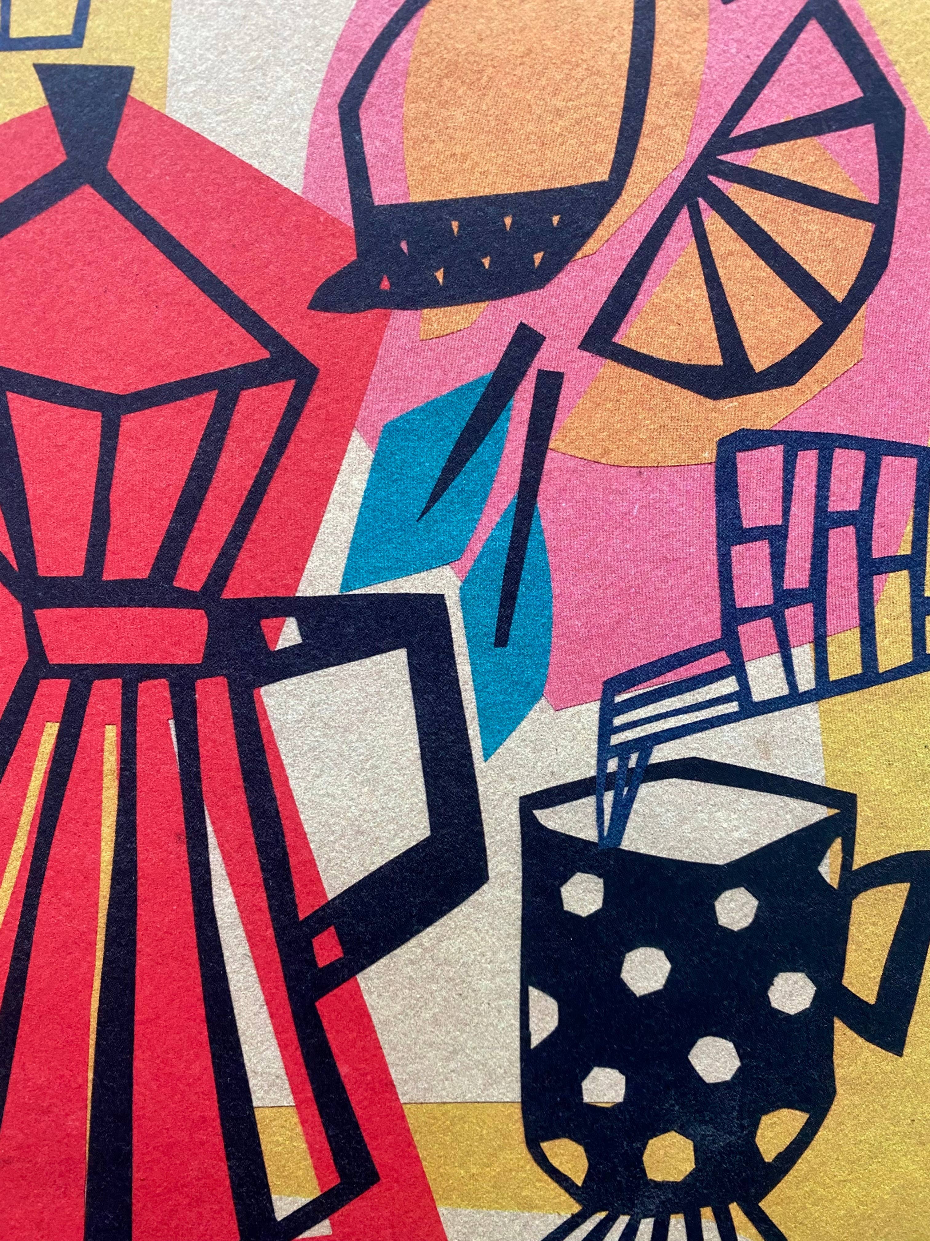 A close-up of a colorful graphic print featuring abstract shapes and line art, including a red dress, a black polka-dot mug, a yellow hat, and a pink and teal shape on a cream and yellow background.