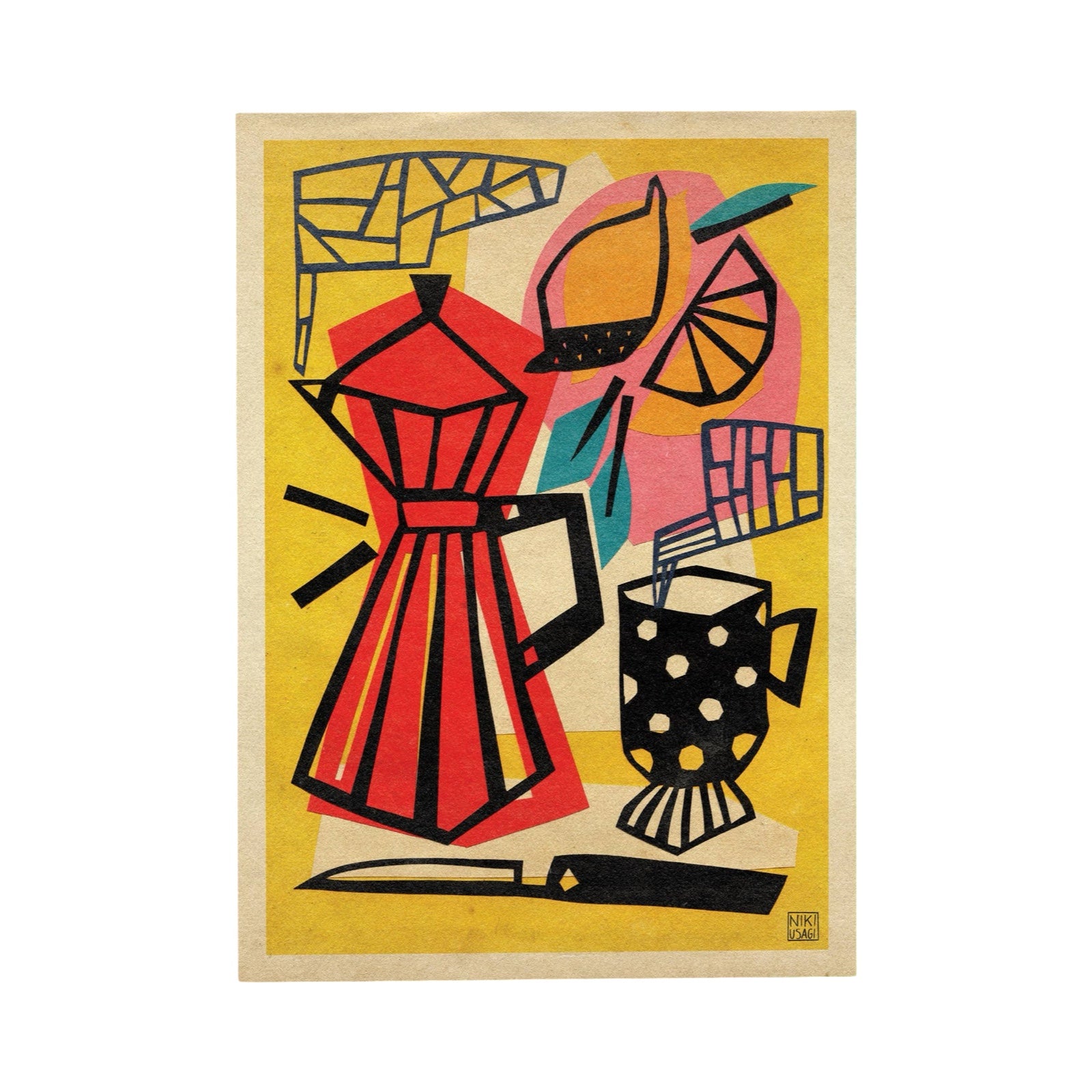 A colorful abstract art print featuring a red coffee pot, a black-and-white polka-dotted mug, and other geometric shapes on a yellow background, centered on a white backdrop.