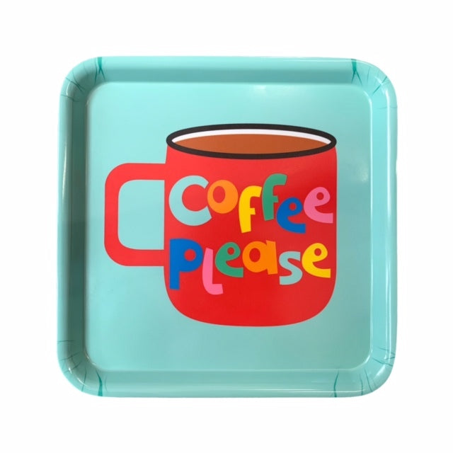 Colourful melamine tray featuring a red cup of coffee with the text 'coffee please' in multicoloured lettering on a turquoise background.