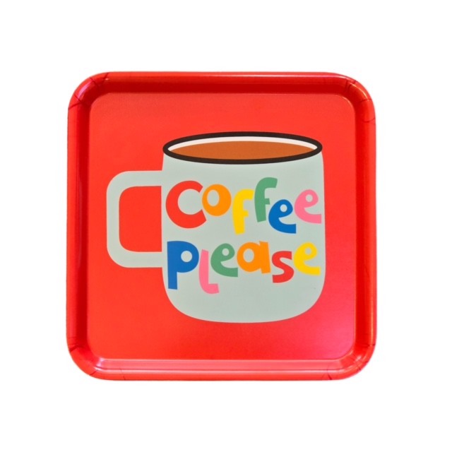 Colourful melamine tray featuring a light blue cup of coffee with the text 'coffee please' in multicoloured lettering on a red background.