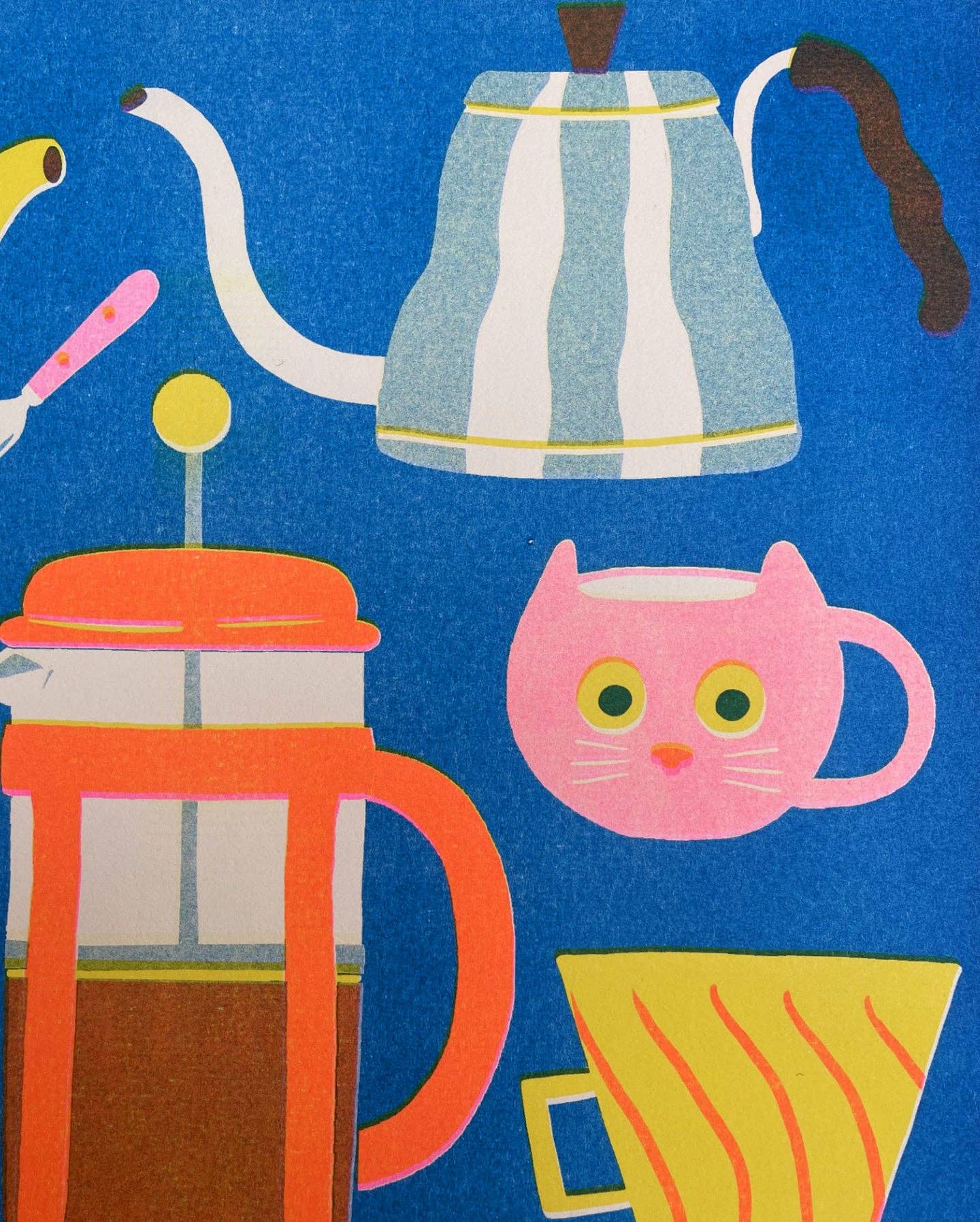 This colourful risograph print features a collection of coffee pots and coffee cups.