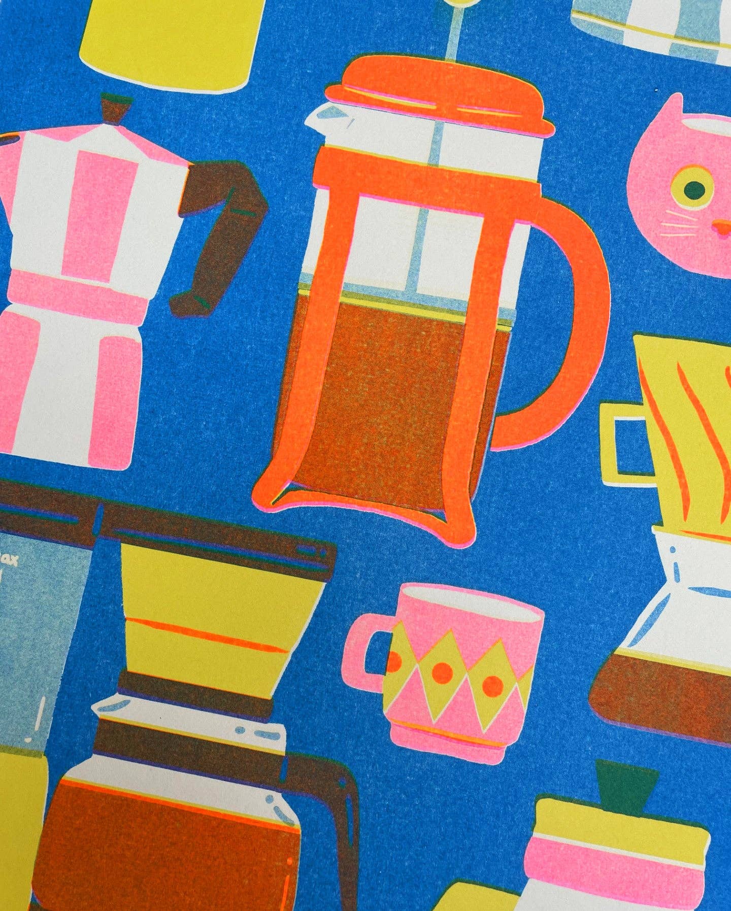 This colourful risograph print features a collection of coffee pots and coffee cups.