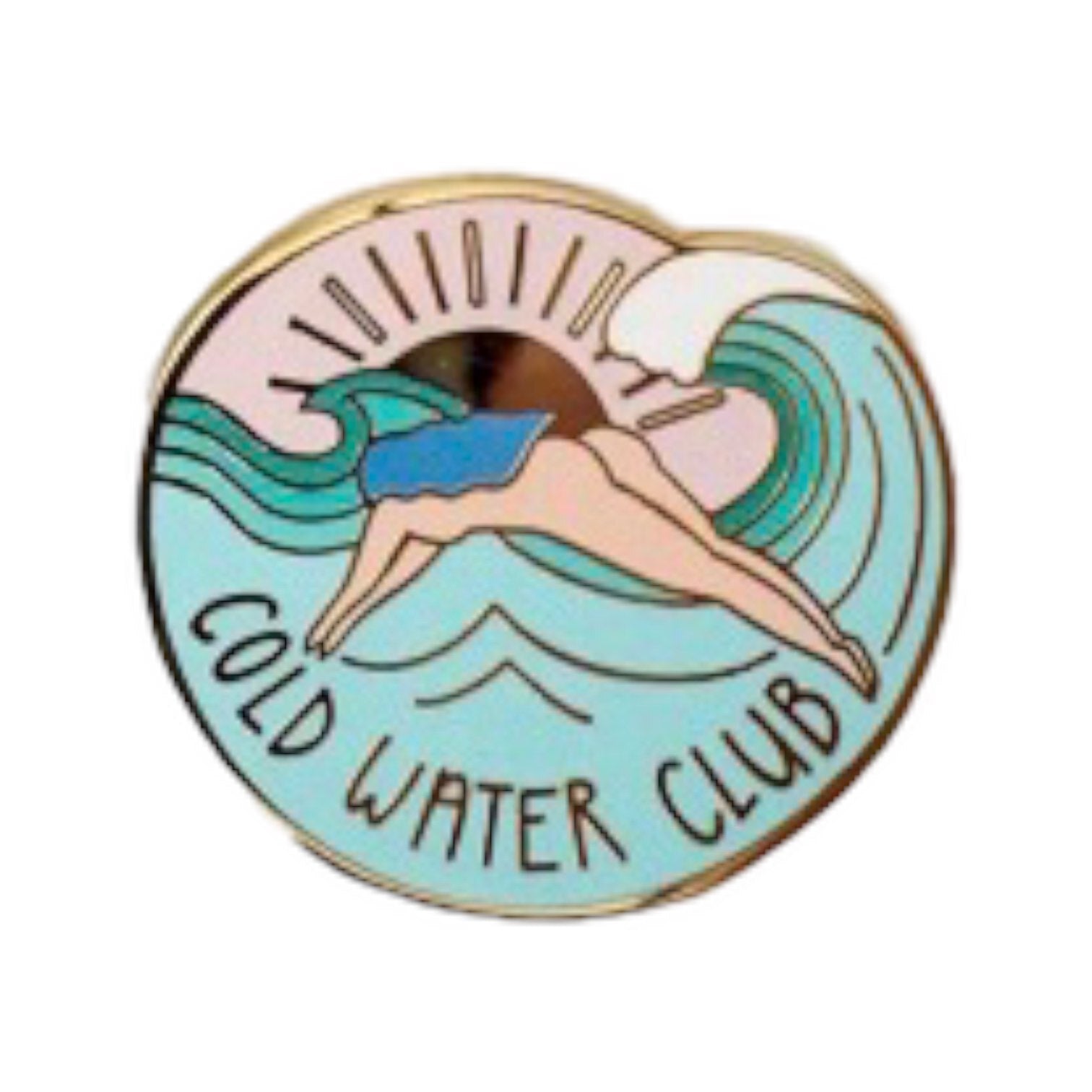 A circular enamel pin badge featuring a cartoon of a woman diving into water with the text 'COLD WATER CLUB' on a teal background.