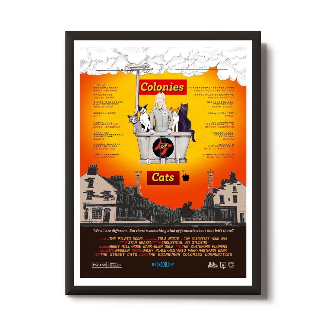 This print features a movie poster design that illustrates the Abbeyhill colony houses in Edinburgh