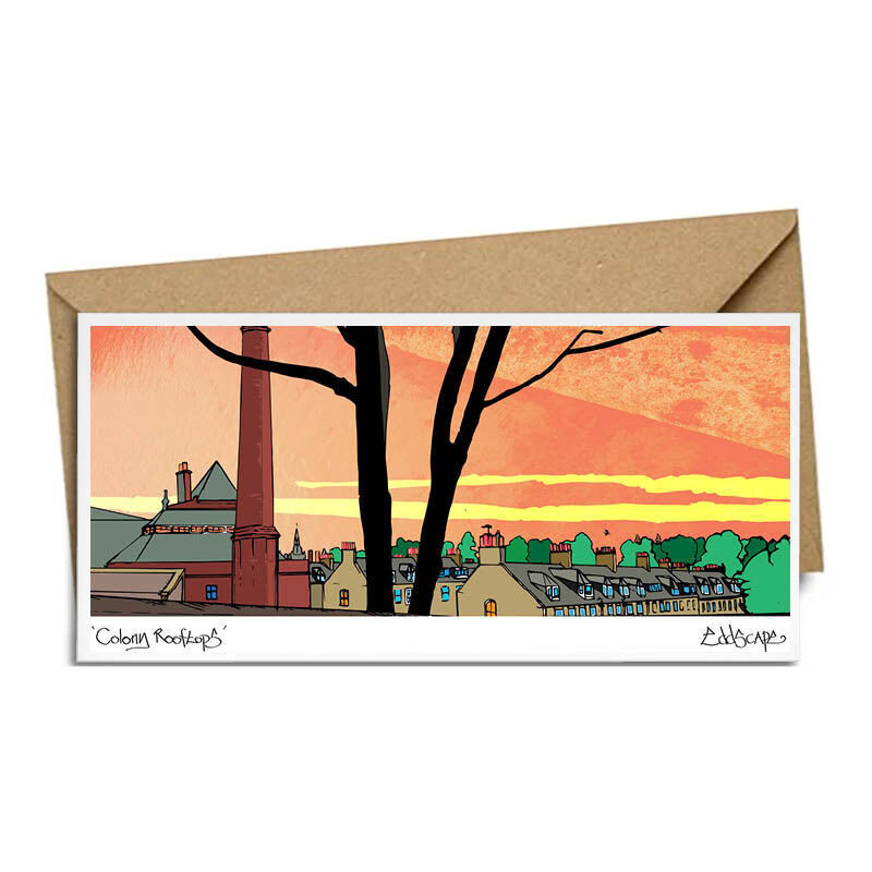 Panoramic art card featuring an illustration of rooftops of the Stockbridge colonies in Edinburgh