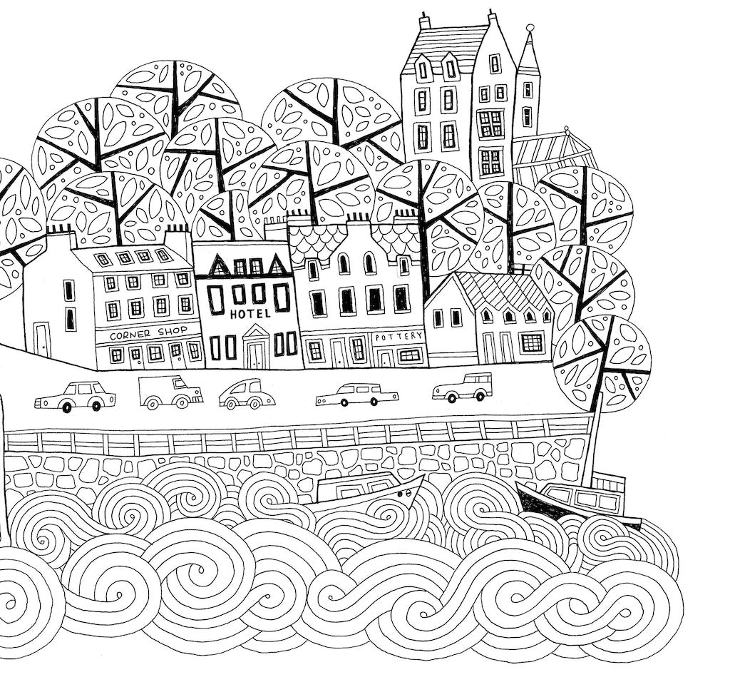 Inside of colouring book, image of scotland.