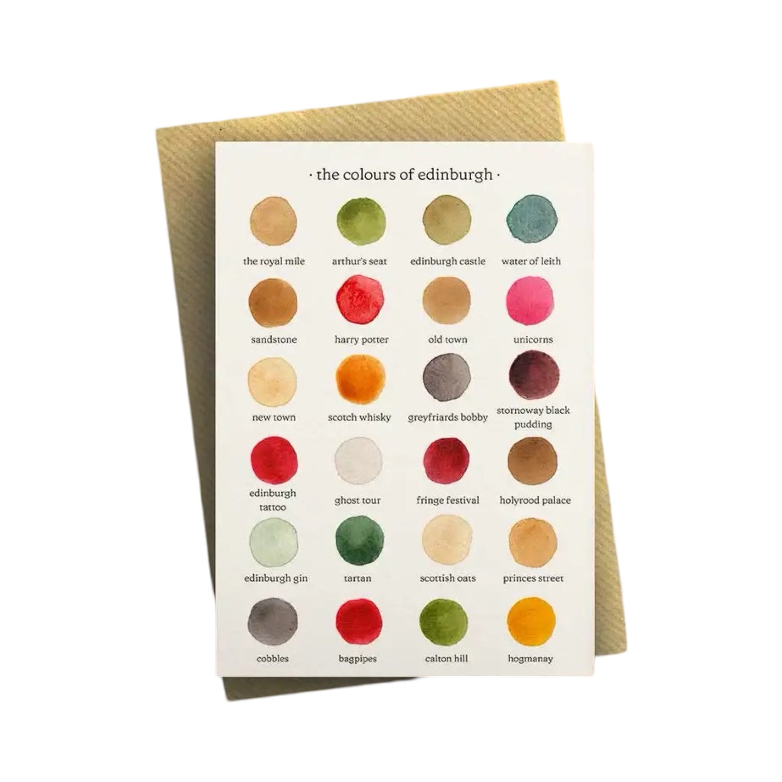Card featuring 24 watercolour circles of colours inspired by iconic landmarks in Edinburgh.