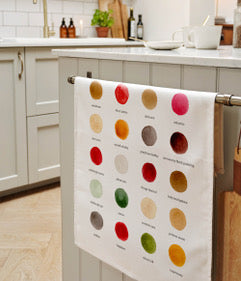 Color swatch towel hanging on a kitchen rack with a neutral background.