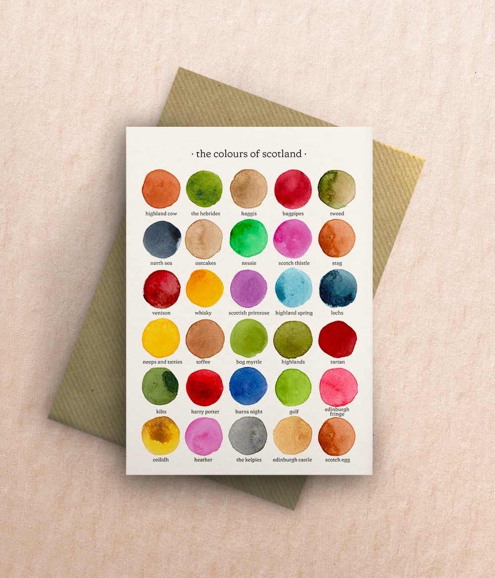 Card with colour swatches labeled 'the colours of Scotland' on a beige background.