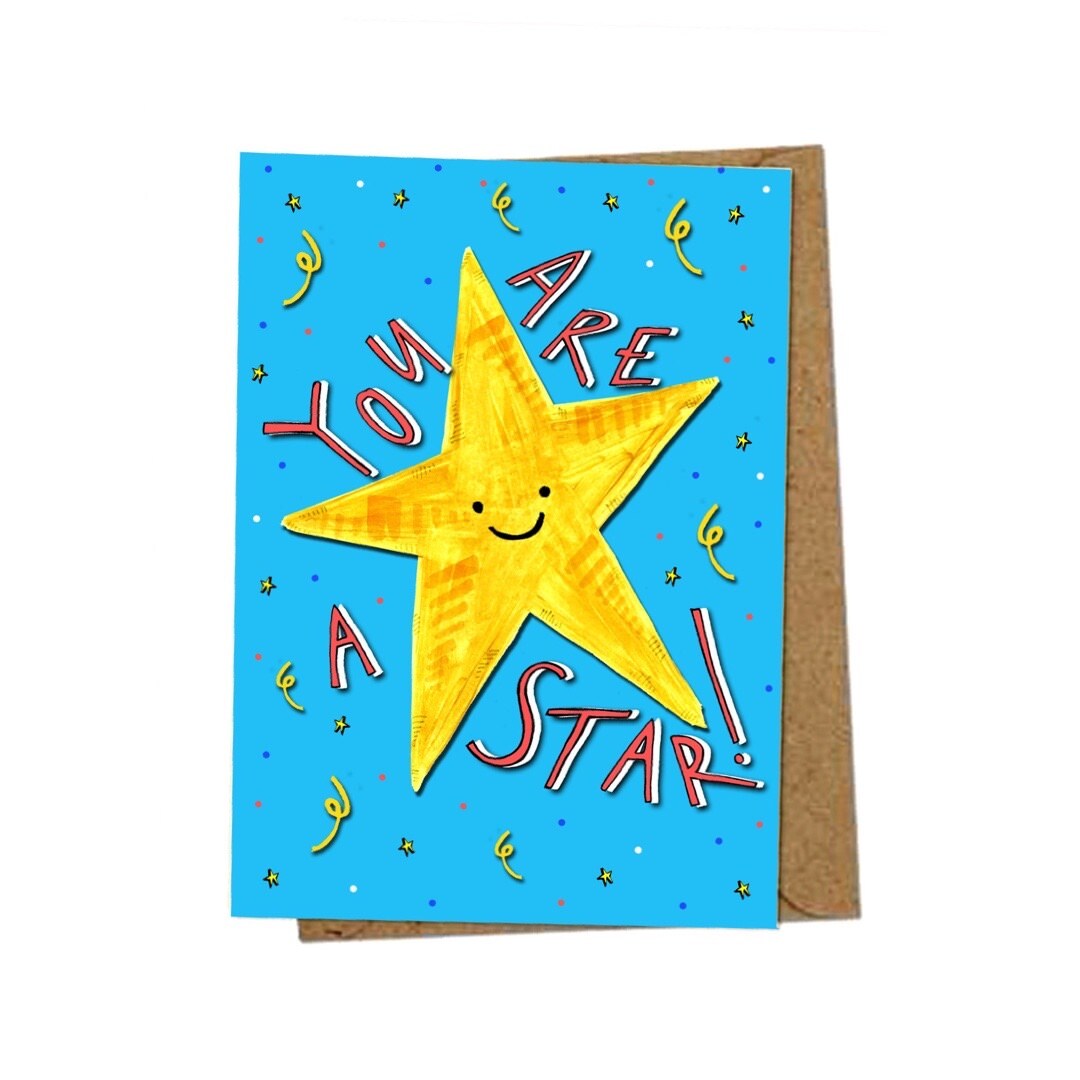 Congratulations card featuring the text 'You Are A Star' surrounding a yellow smiley-faced star on a blue background.