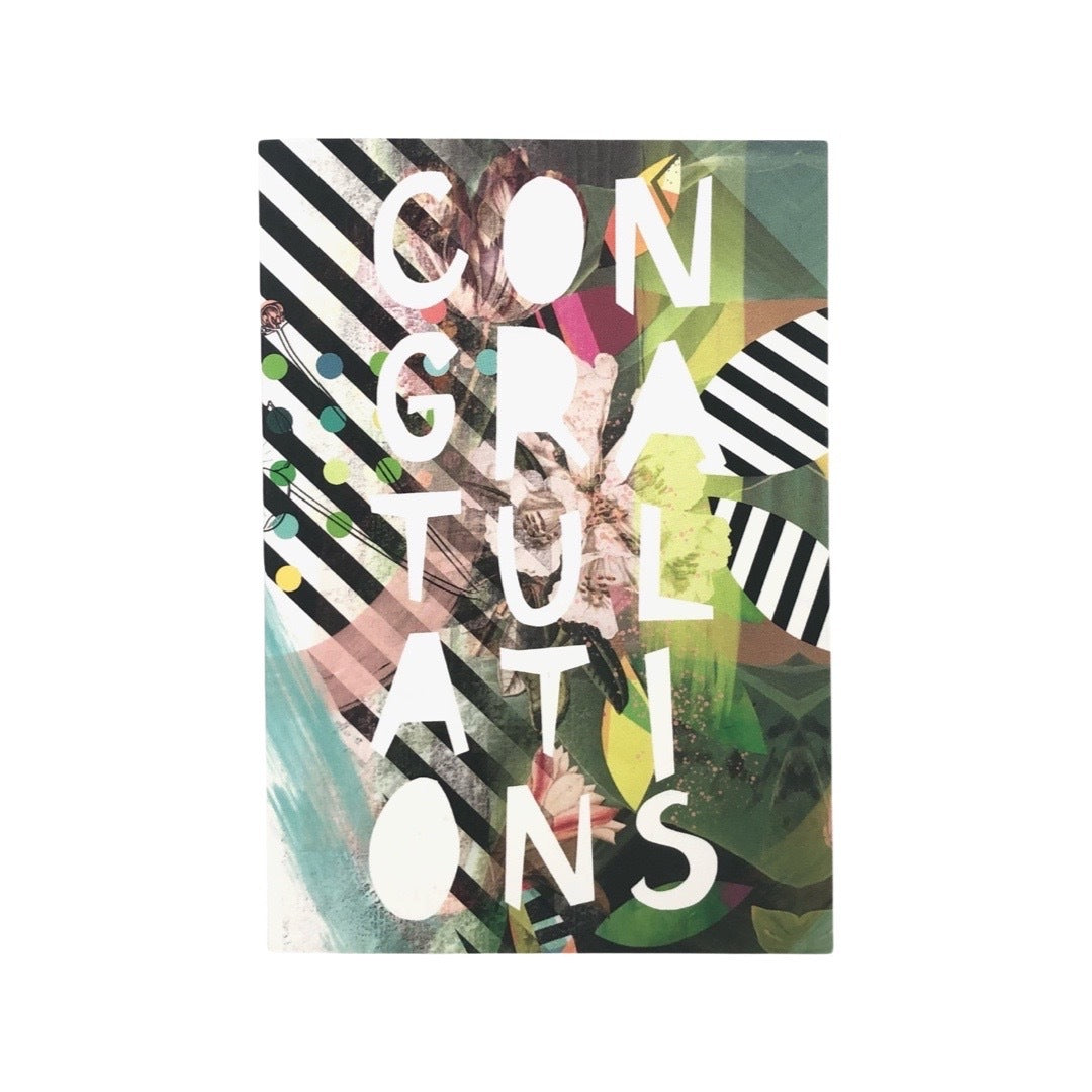 Congratulations card featuring an abstract botanical collage with patches of black and white stripes and the text 'Congratulations' written In rows of three letters in white text.