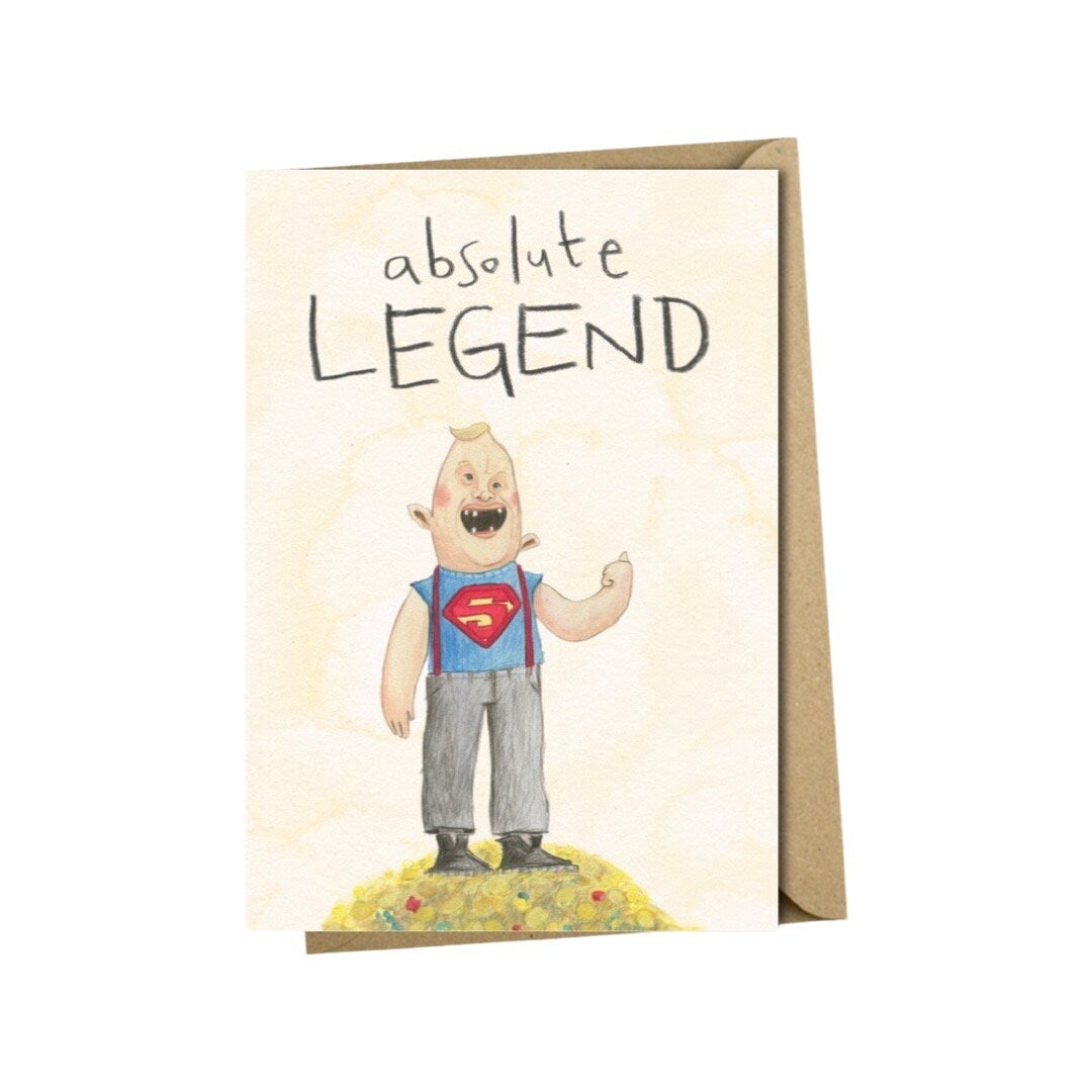 Congratulation well done card featuring an illustration of the gentle giant sloth from the cult film the goonies and the text absolute legend.