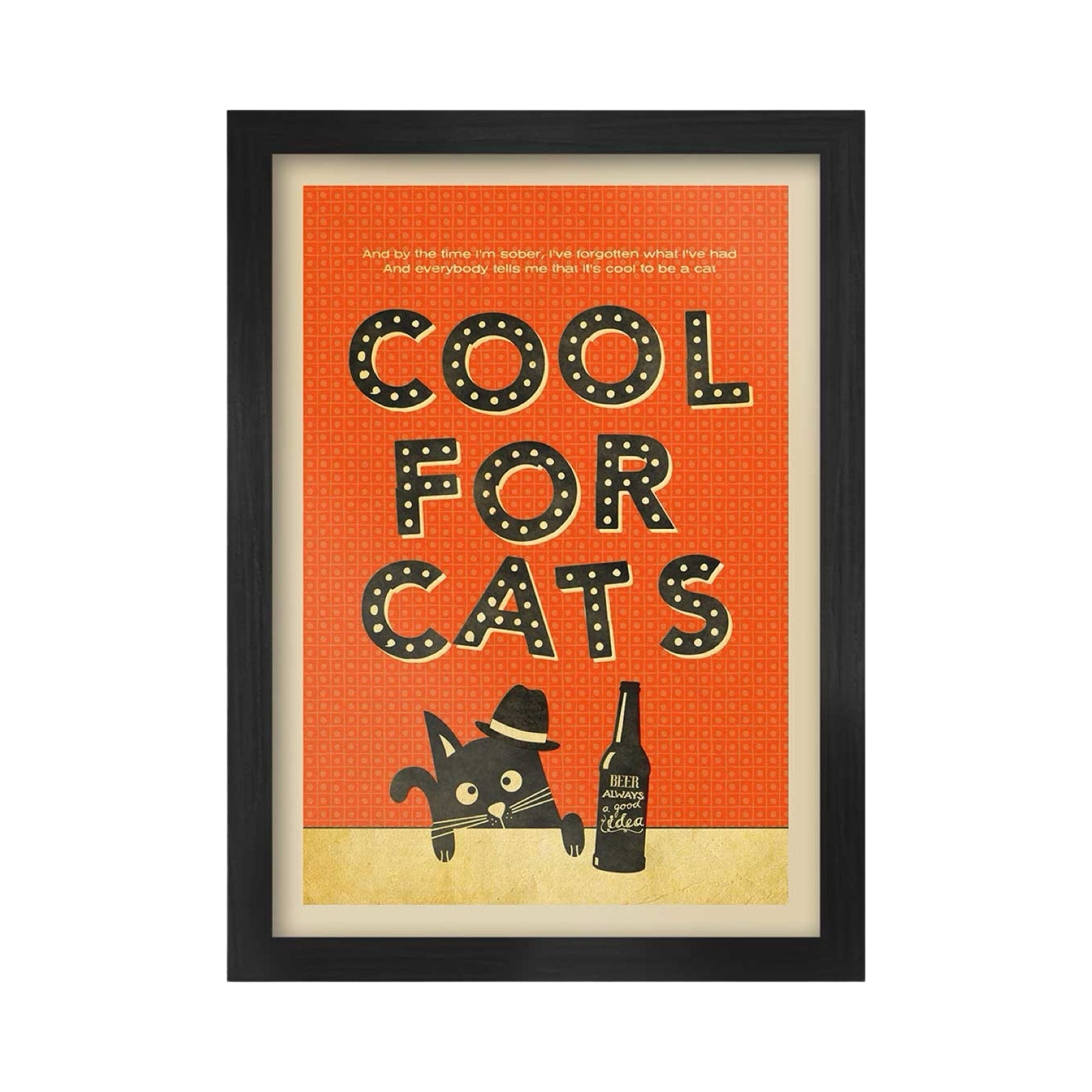 A framed A3 print featuring a black cat with a hat and beer bottle, with the text 'COOL FOR CATS' in bold letters.
