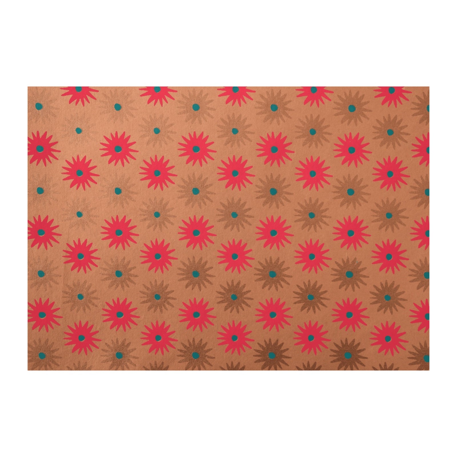 Gorgeous screen-printed Christmas wrapping paper with gold and red flowers against a copper background.