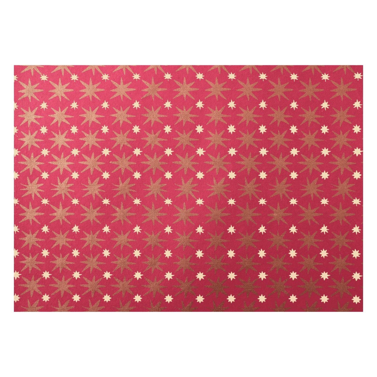 Gorgeous screen-printed Christmas wrapping paper with gold and copper stars against a red background.