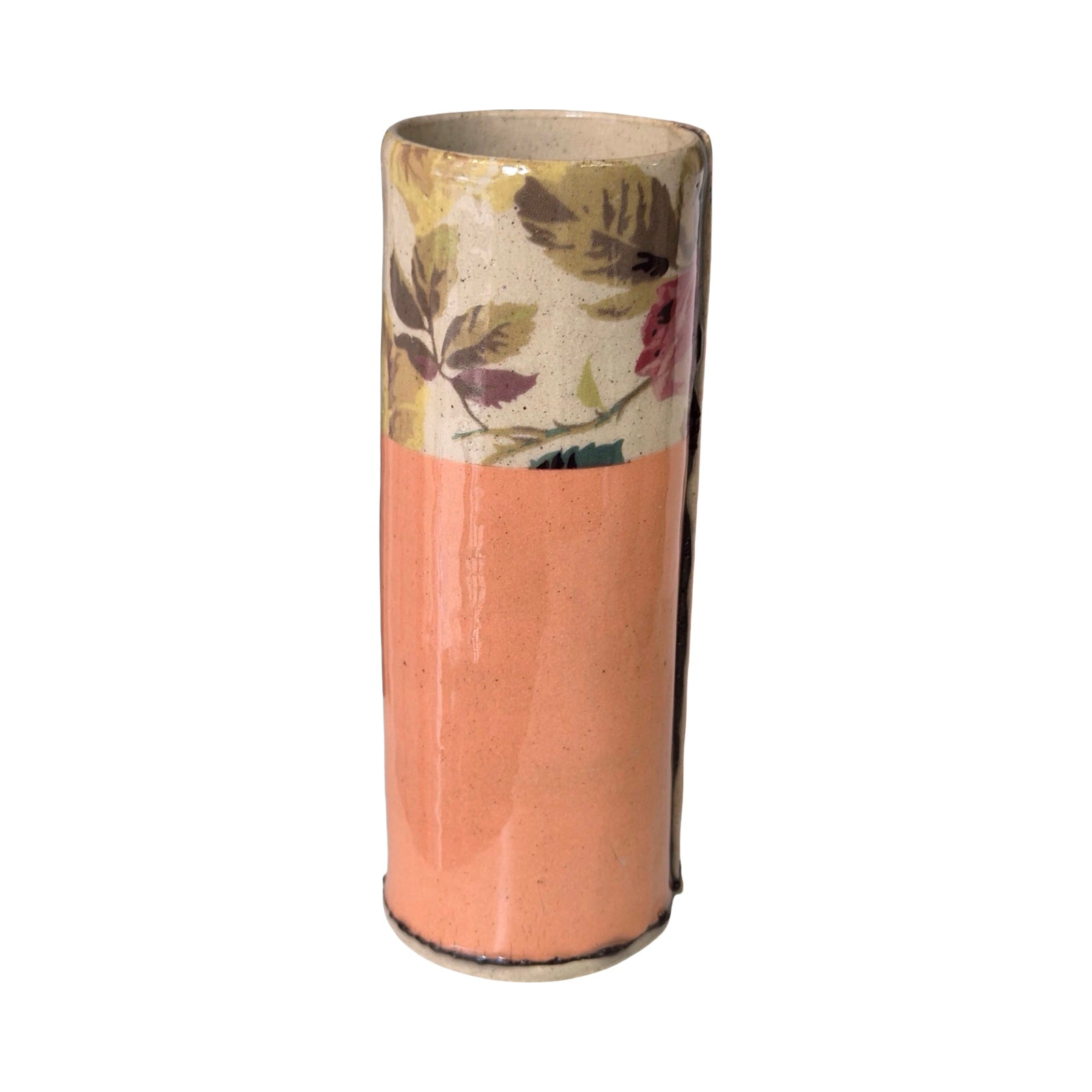Cylindrical vase with floral pattern on a white background.