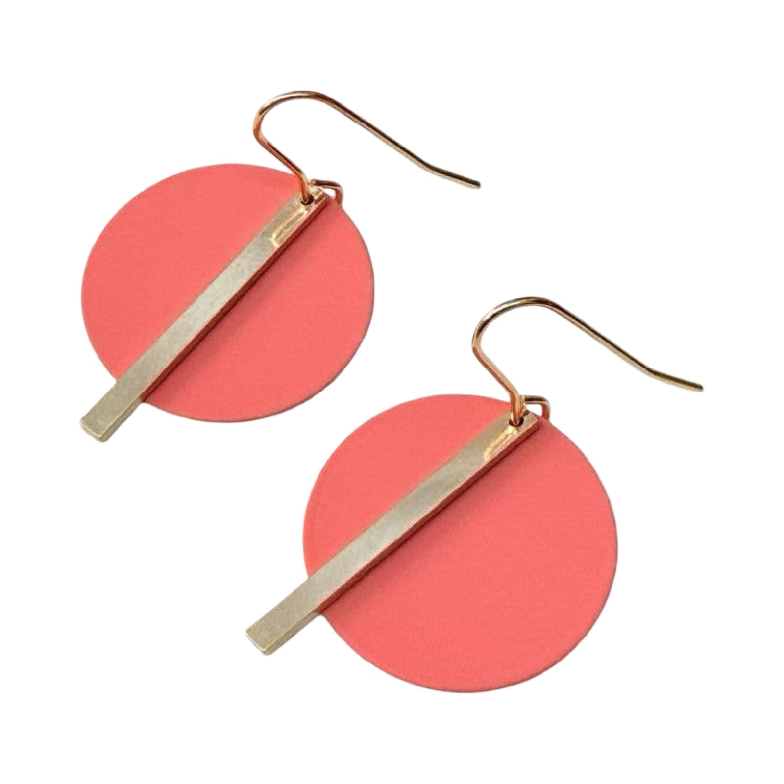 Pair of earrings with pink circular discs and gold bars on a white background.
