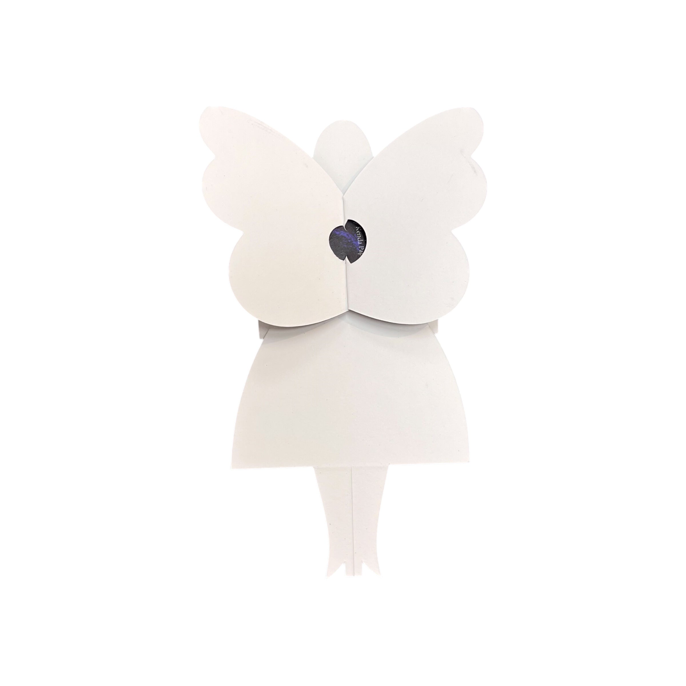 The white back of a card shaped like a lady with butterfly wings.