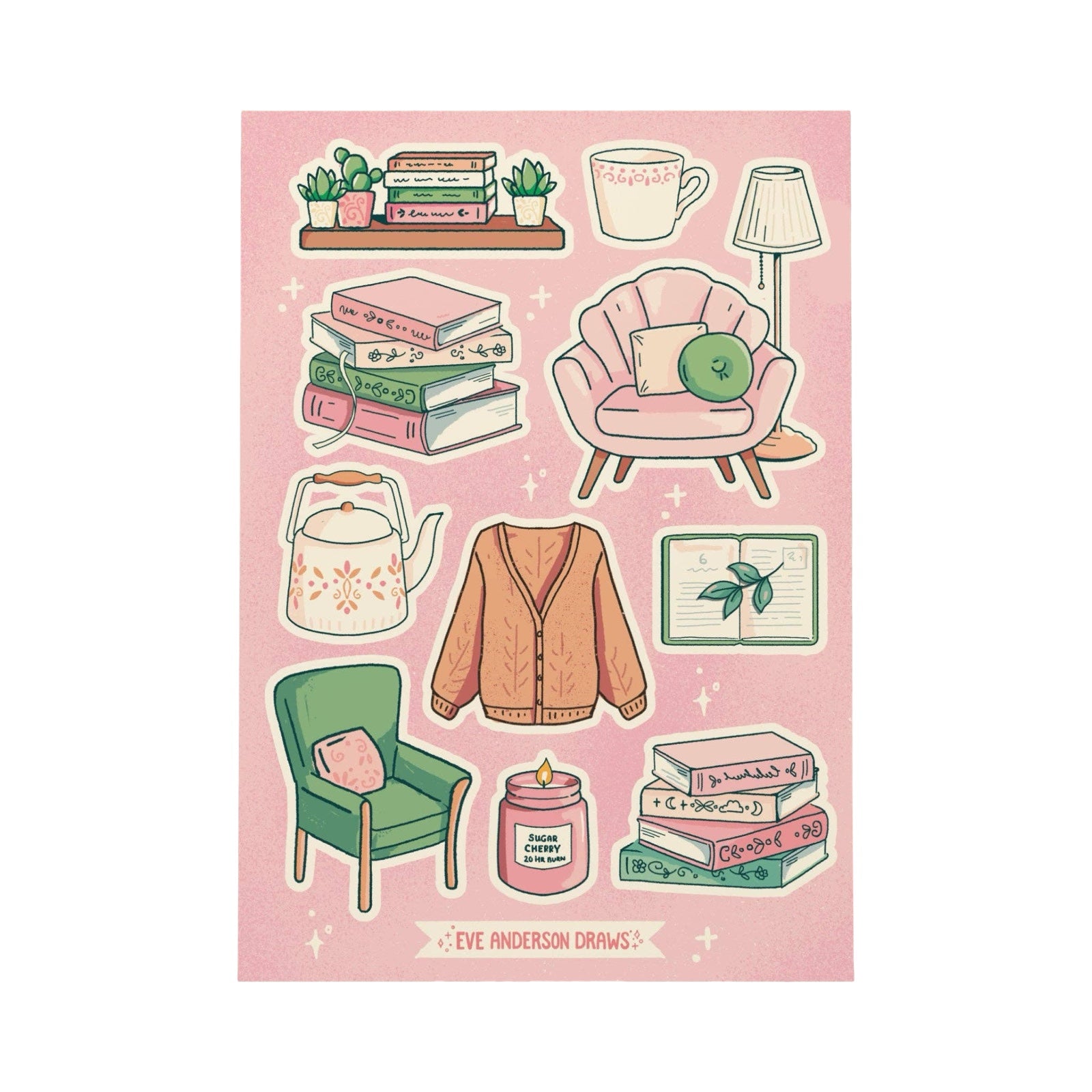 This sticker sheet features 11 individual stickers inspired by dreaming of being curled up, reading your favourite book. The stickers include two stacks of books, a cosy cardigan. and a cup of tea.