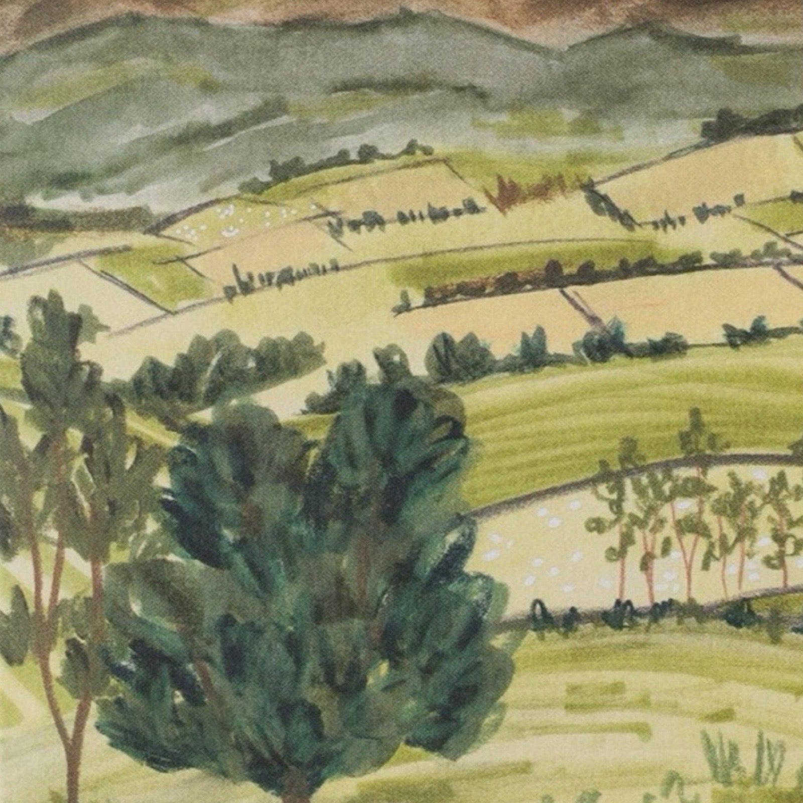 Greeting card with landscape illustration.